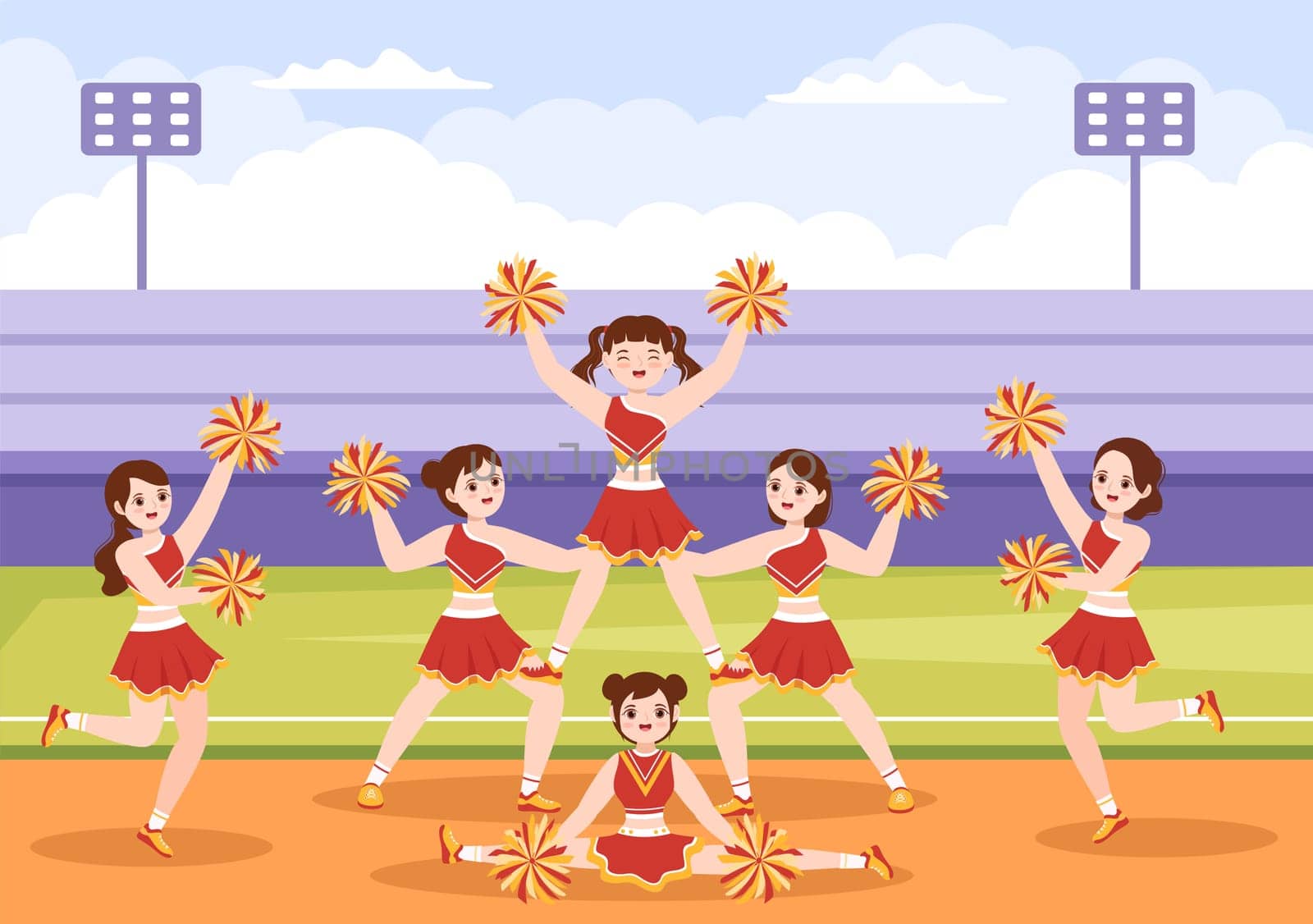 Cheerleader Girl with Pompoms of Dancing and Jumping to Support Team Sport During Competition on Flat Cartoon Hand Drawn Templates Illustration