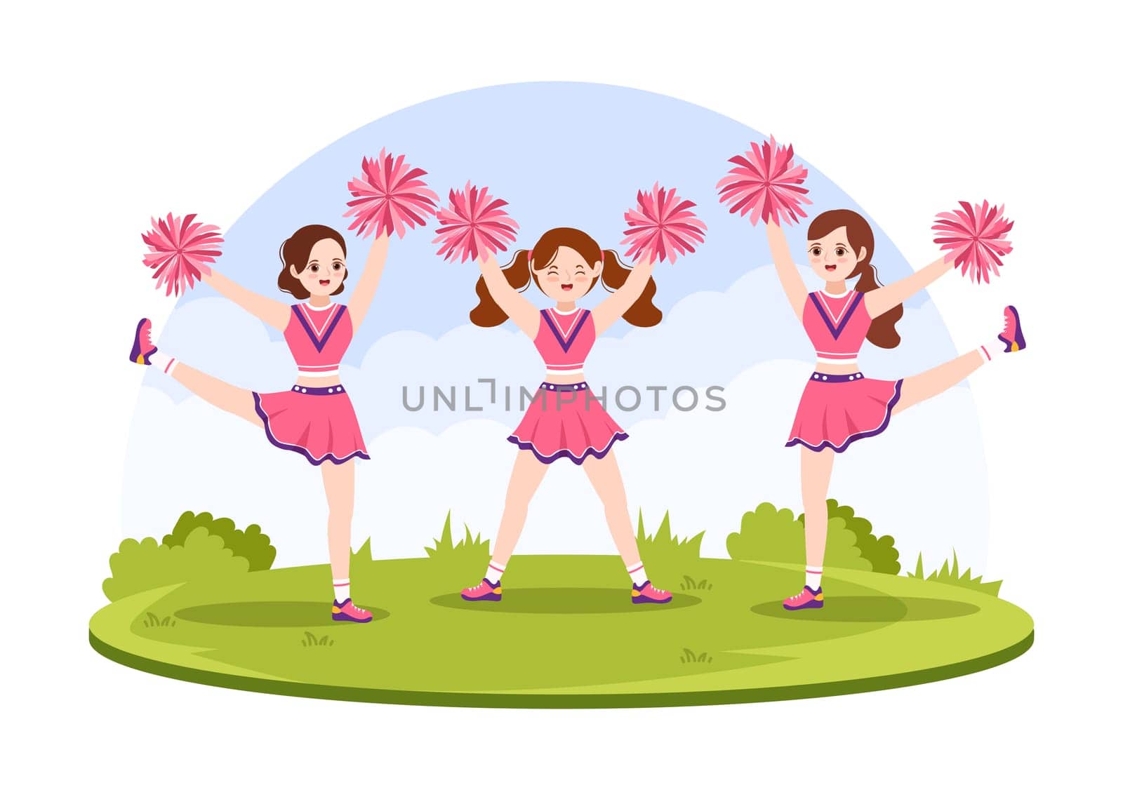Cheerleader Girl with Pompoms of Dancing and Jumping to Support Team Sport During Competition on Flat Cartoon Hand Drawn Templates Illustration
