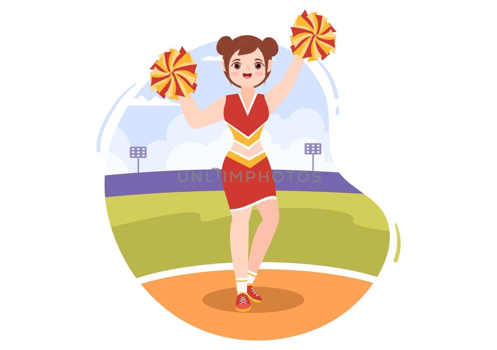 Cheerleader Girl with Pompoms of Dancing and Jumping to Support Team Sport During Competition on Flat Cartoon Hand Drawn Templates Illustration