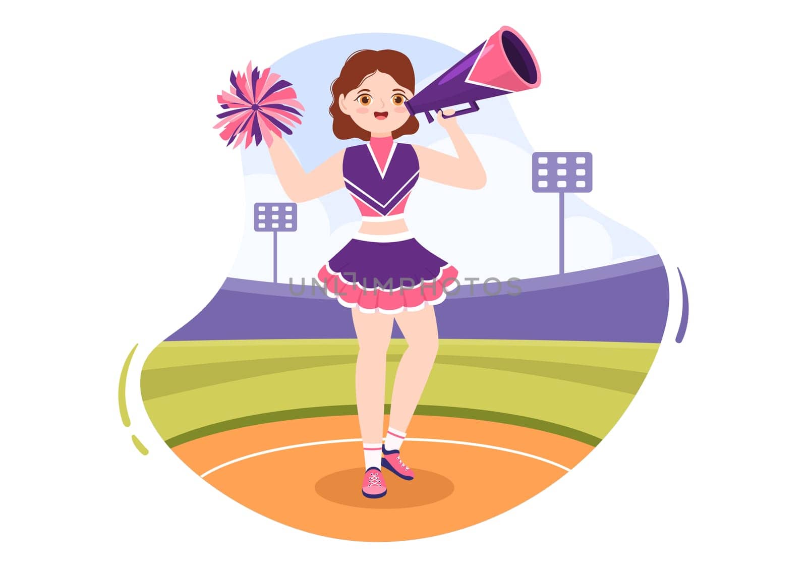 Cheerleader Girl with Pompoms of Dancing and Jumping to Support Team Sport During Competition on Flat Cartoon Hand Drawn Templates Illustration