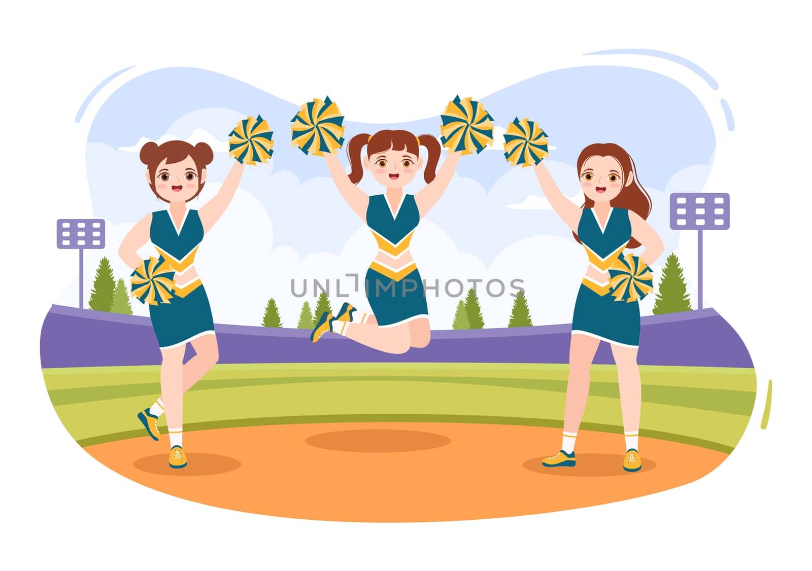 Cheerleader Girl with Pompoms of Dancing and Jumping to Support Team Sport During Competition on Flat Cartoon Hand Drawn Templates Illustration
