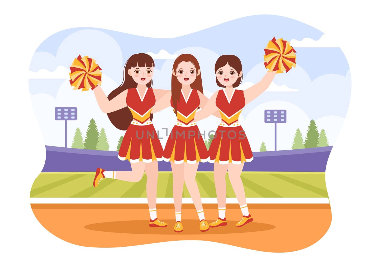 Cheerleader Girl with Pompoms of Dancing and Jumping to Support Team Sport During Competition on Flat Cartoon Hand Drawn Templates Illustration