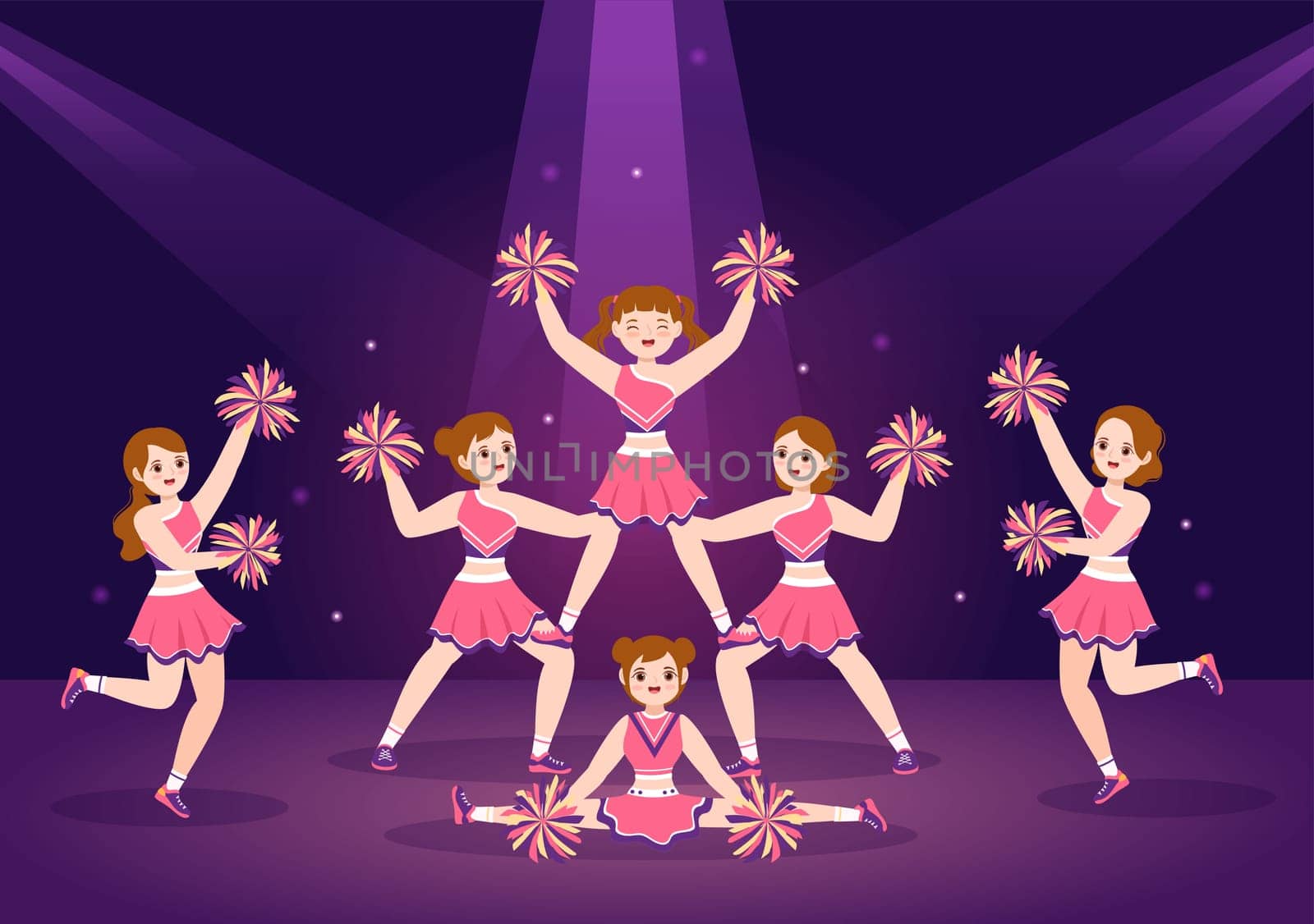 Cheerleader Girl with Pompoms of Dancing and Jumping to Support Team Sport During Competition on Flat Cartoon Hand Drawn Templates Illustration