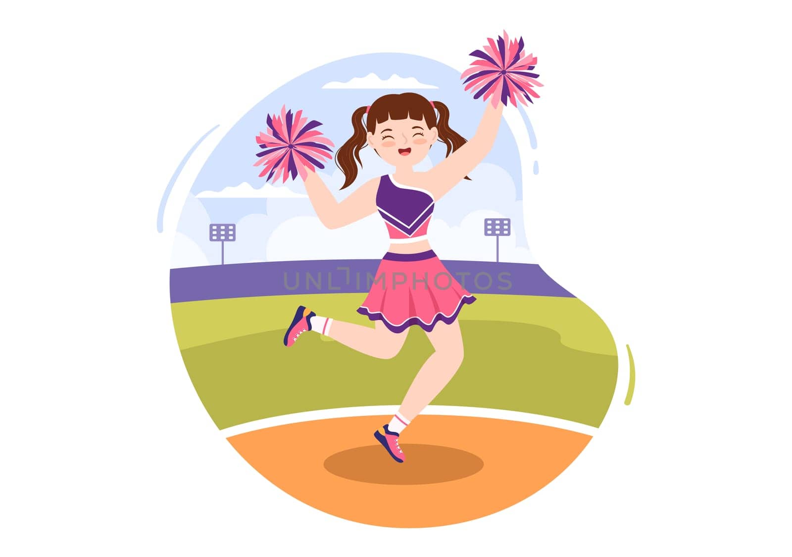 Cheerleader Girl with Pompoms of Dancing and Jumping to Support Team Sport During Competition on Flat Cartoon Hand Drawn Templates Illustration