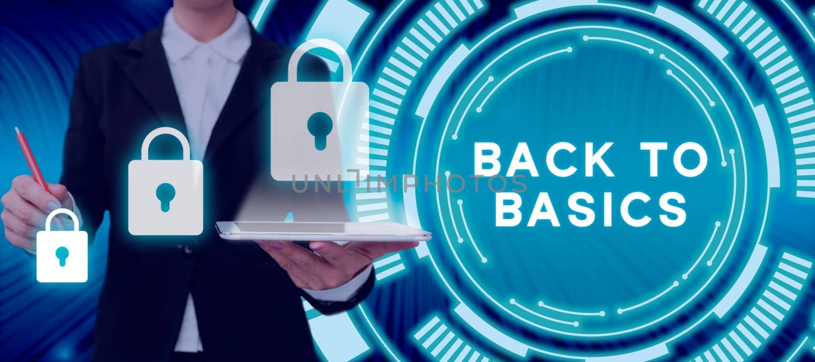 Conceptual caption Back To Basics, Concept meaning Healthy routine lifestyle Good nutrition Exercises Woman Holding A Tablet And Pen Pressing On Security For Crucial Data.