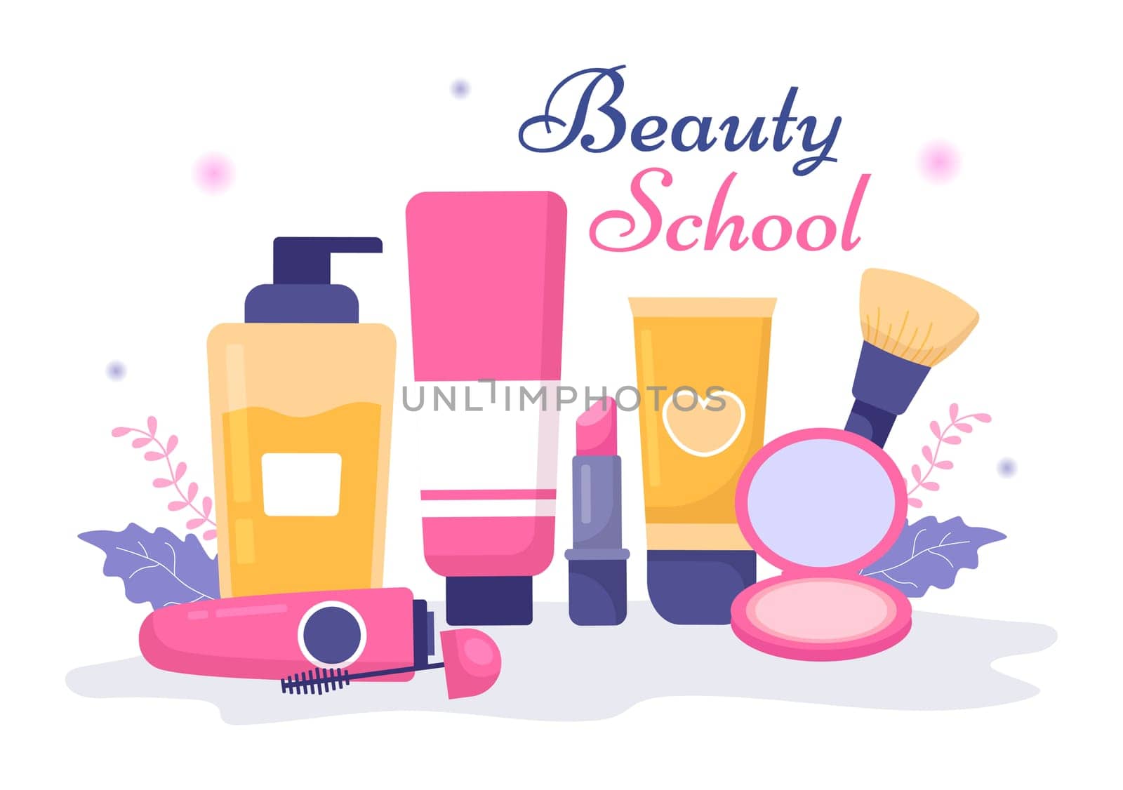 Beauty and Make up School with Cosmetic Products to Study and Beautiful Girls Applying Makeup in Flat Cartoon Hand Drawn Templates Illustration
