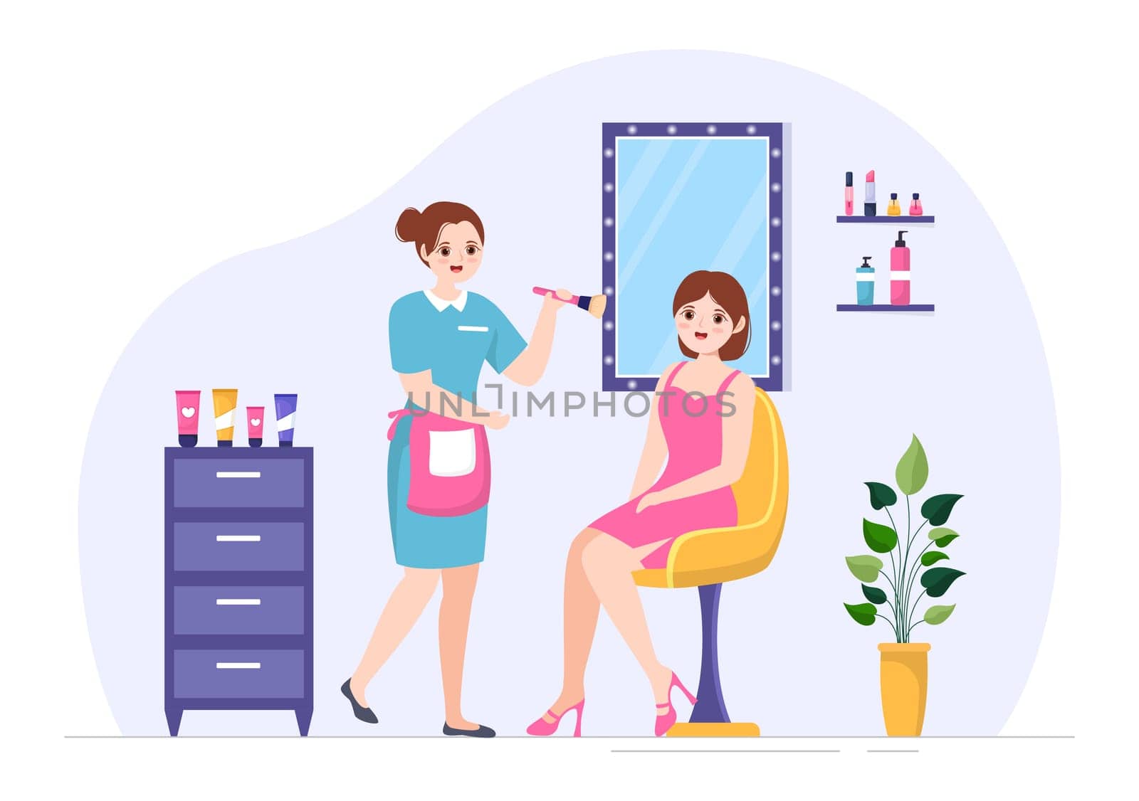 Beauty and Make up School with Cosmetic Products to Study and Beautiful Girls Applying Makeup in Flat Cartoon Hand Drawn Templates Illustration