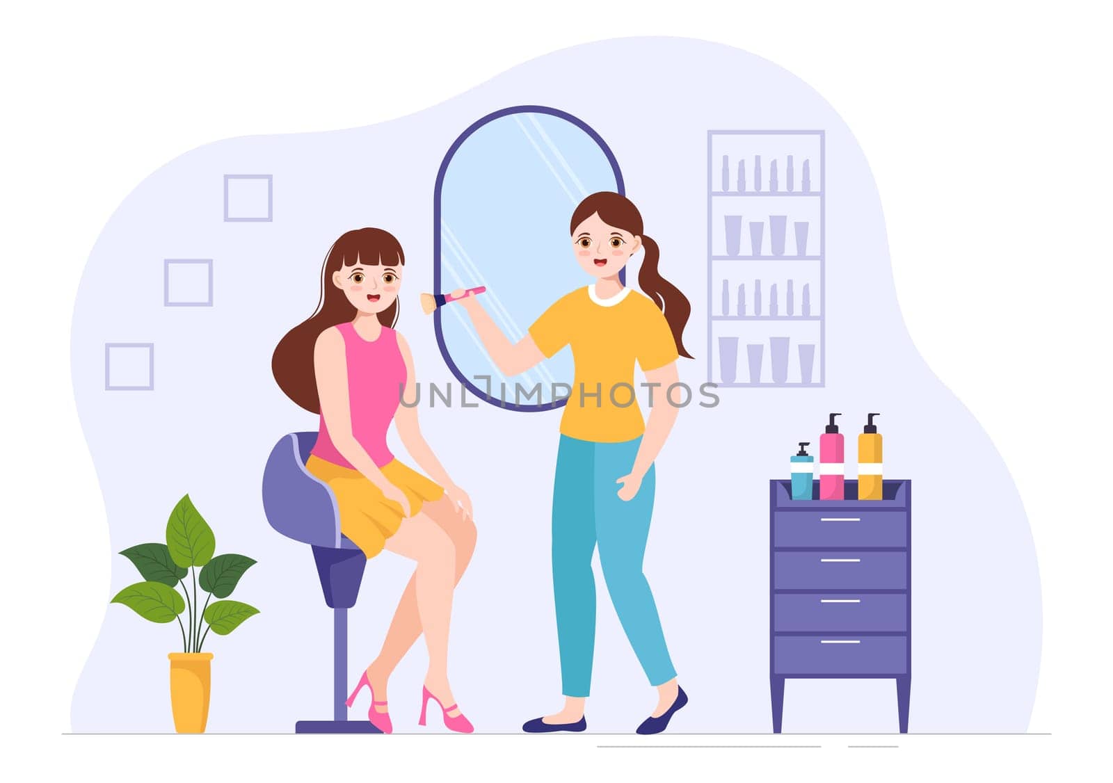 Beauty and Make up School with Cosmetic Products to Study and Beautiful Girls Applying Makeup in Flat Cartoon Hand Drawn Templates Illustration