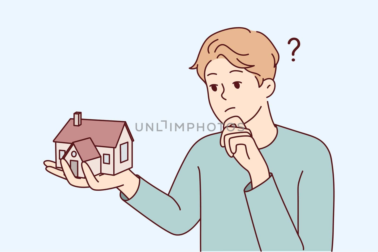 Young man holding house thinking of mortgage or loan. Confused male with home maquette frustrated with housing rent or purchase. Real estate agent. Vector illustration.