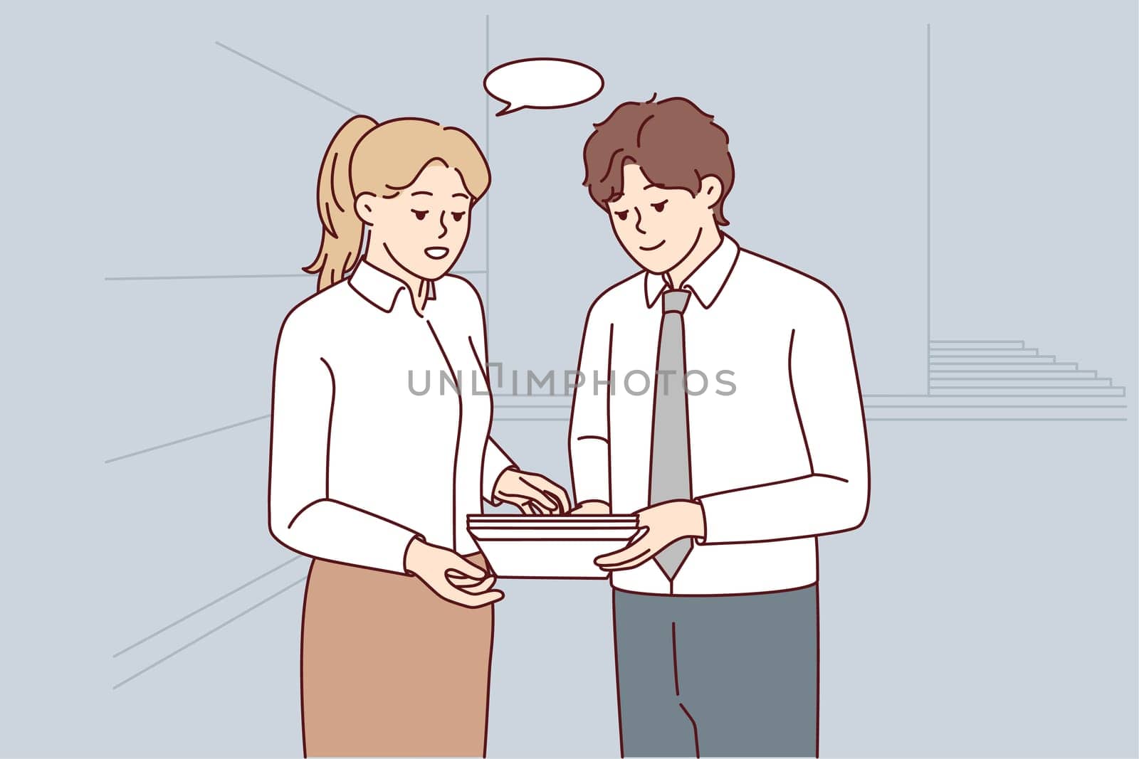 Businesspeople hold document discuss business ideas in office. Colleagues or coworkers talk brainstorm about paper work. Teamwork. Vector illustration.