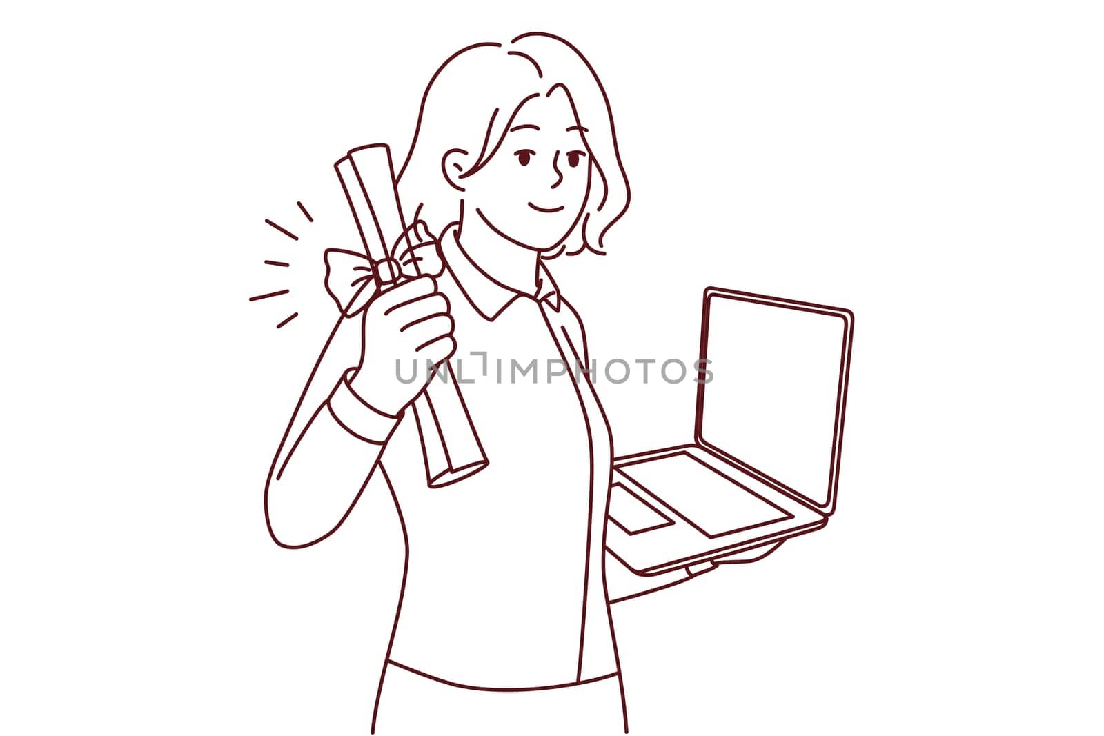 Smiling young woman holding diploma and laptop in hands graduate from university online. Happy female student excited with college graduation remotely. Vector illustration.