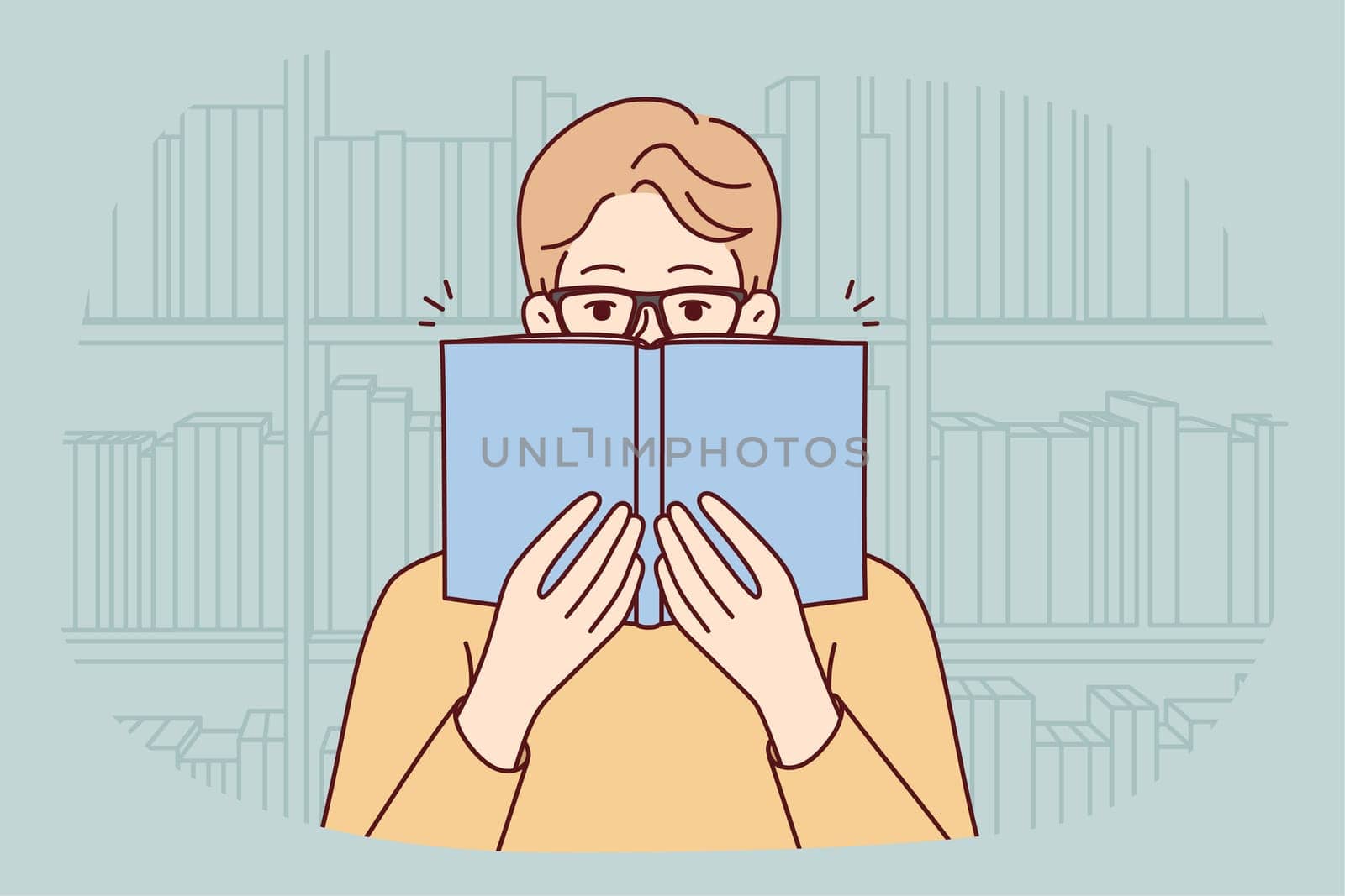 Man in glasses reading book in library. Happy guy in eyewear enjoy literature in bookshop. Education and learning. Vector illustration.
