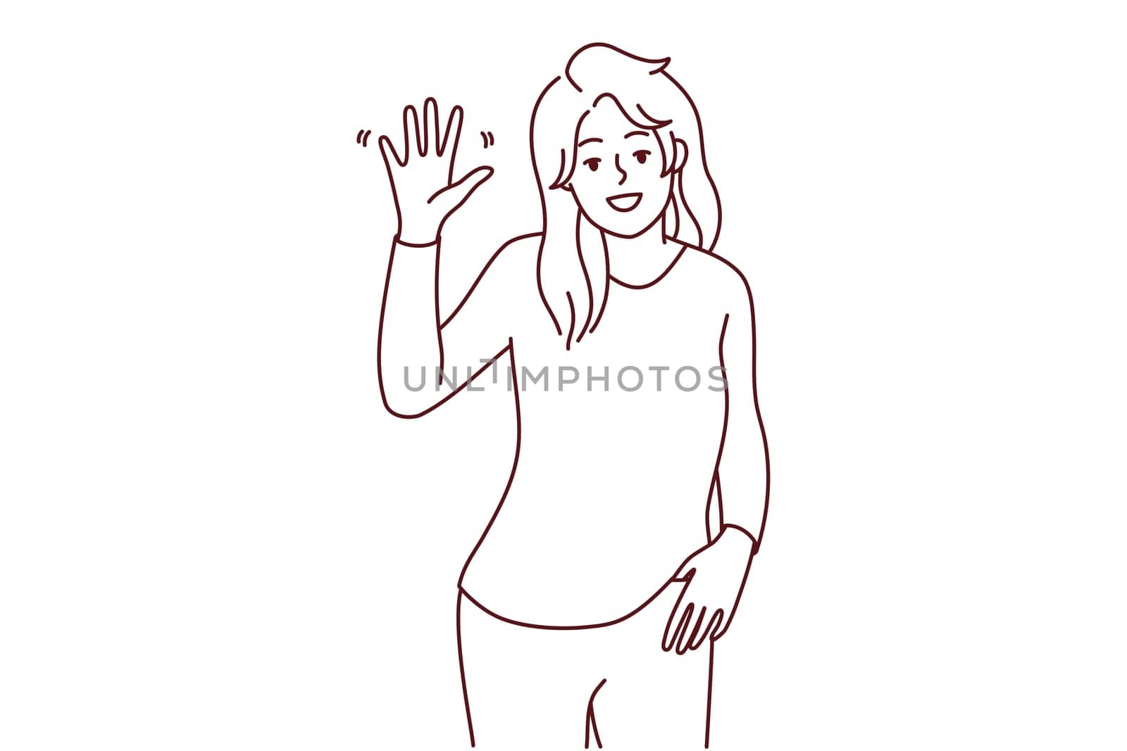 Portrait of smiling young woman wave with hand feeling overjoyed and optimistic. Happy female make hand gesture greeting or welcoming. Vector illustration.