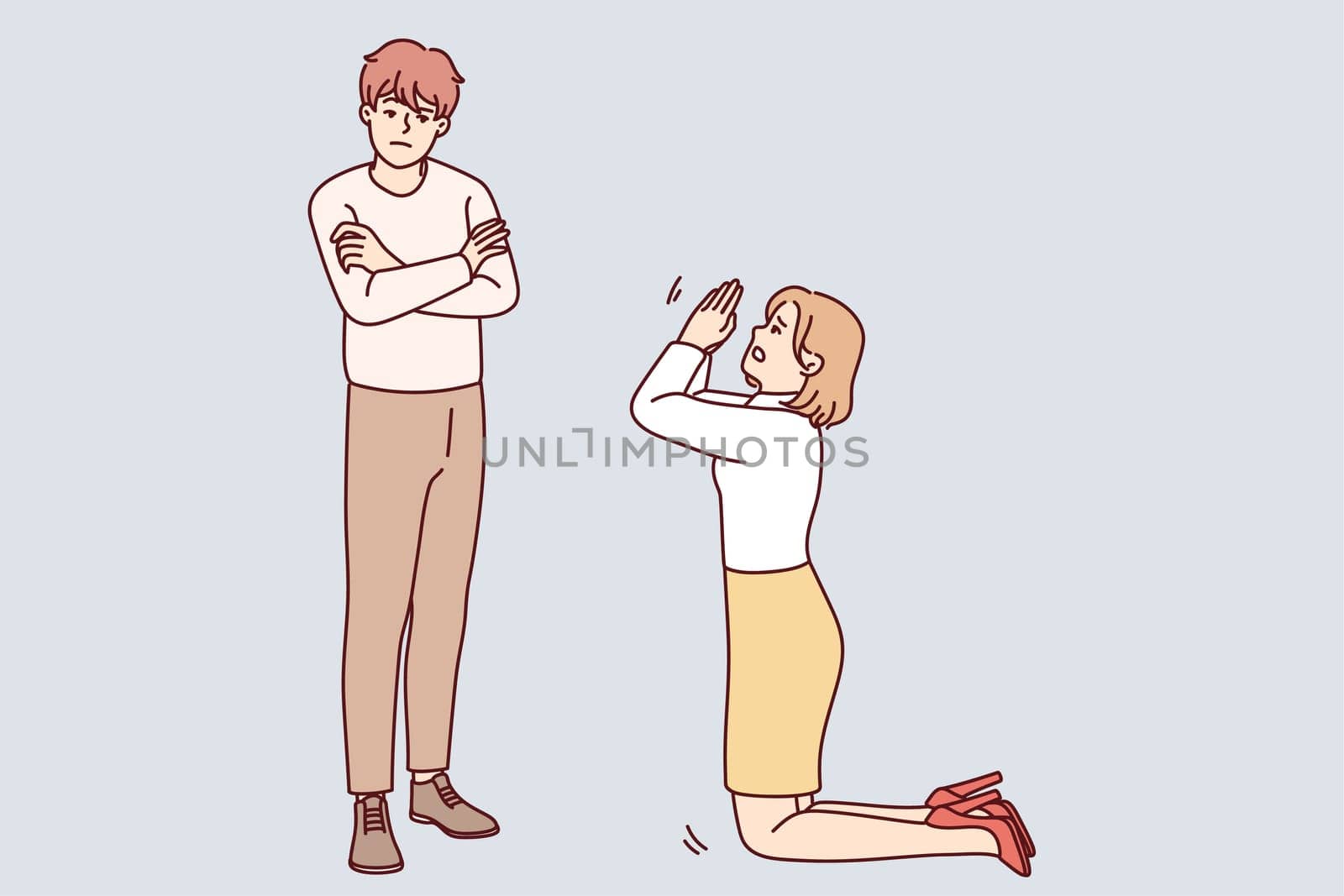 Woman kneel ask forgiveness from man. Female stand on knees beg stubborn offended male to forgive. Relationship problems. Vector illustration.