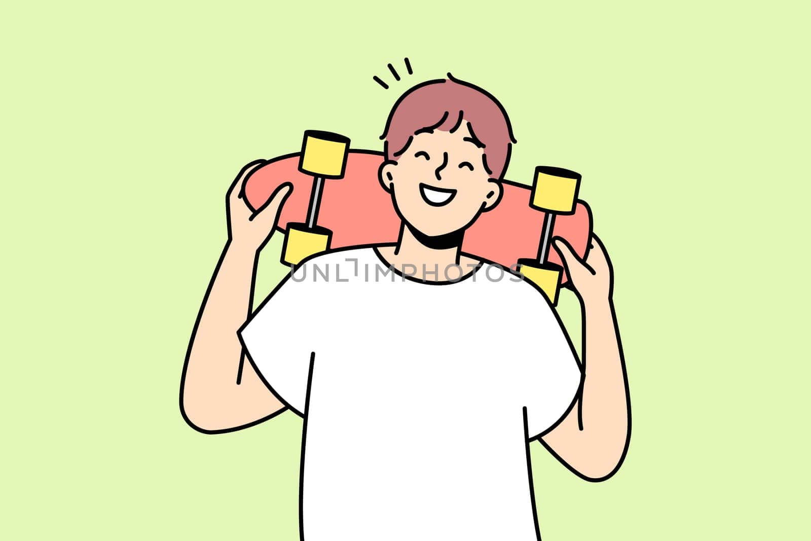 Smiling guy posing with skateboard outdoors. Happy young man with skating board show hobby and entertainment. Vector illustration.