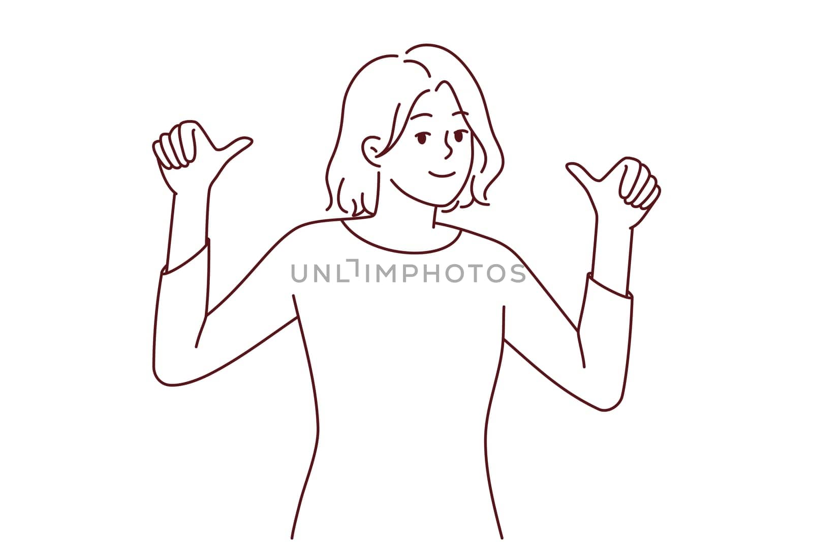 Happy young woman show thumbs up pointing at her. Smiling female feel confident and successful recommend candidature. Vector illustration.