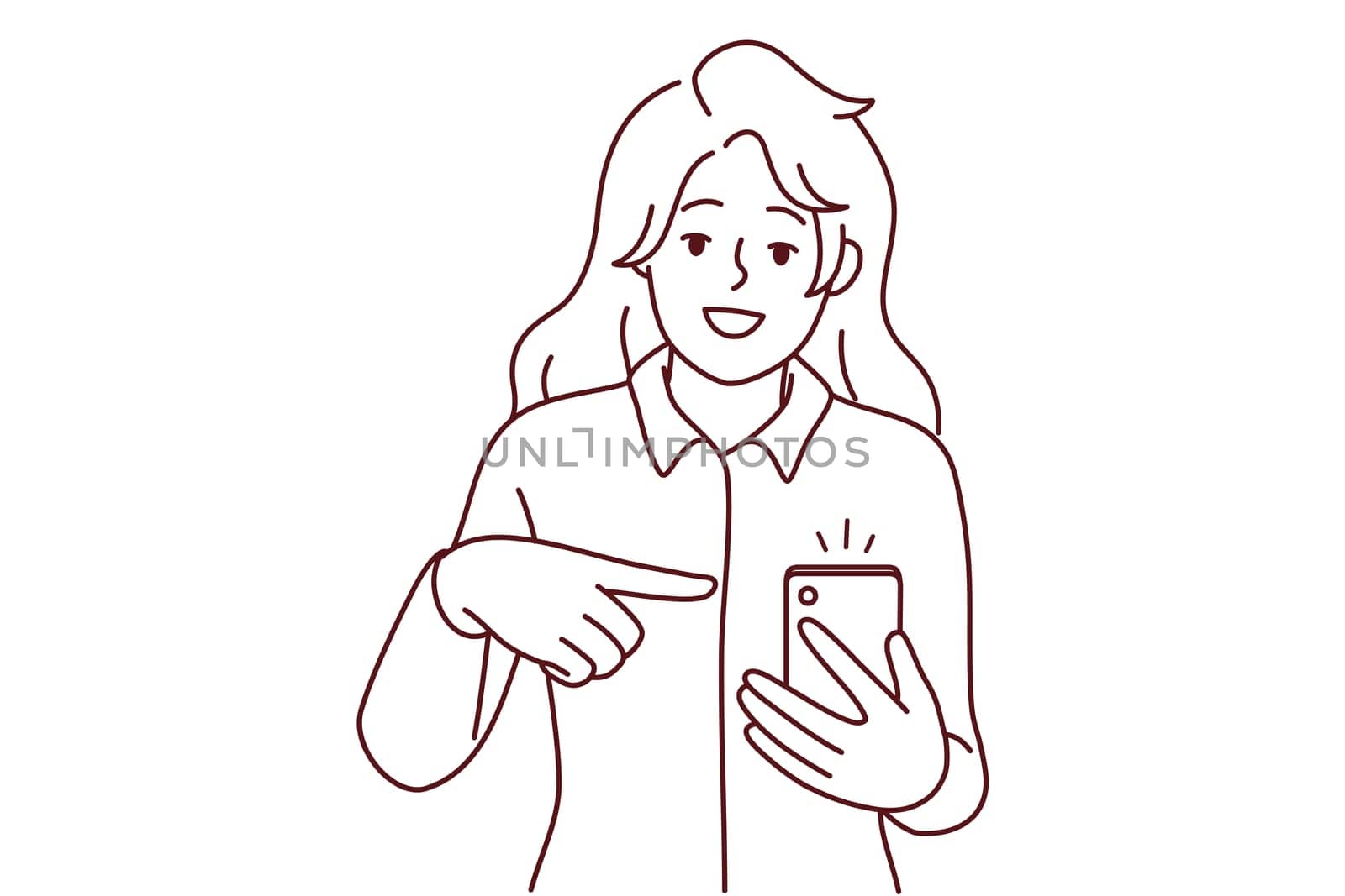 Smiling woman point at notification on cellphone screen. Happy female recommend good sale deal or offer on mobile phone. Vector illustration.