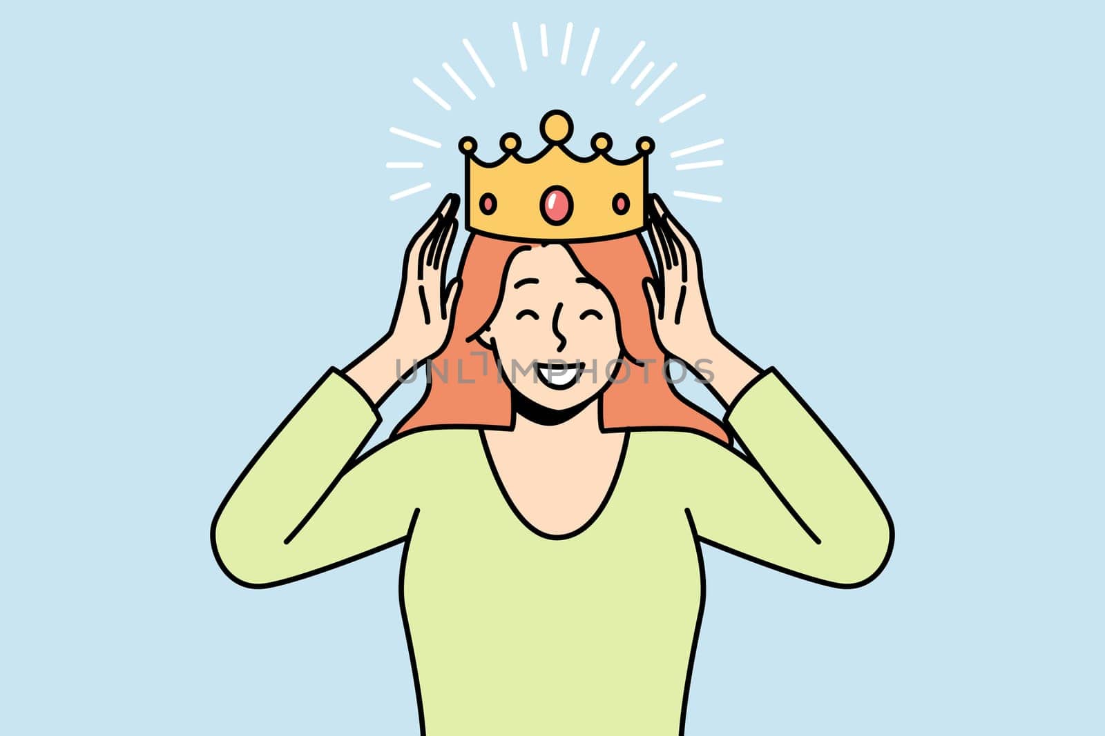 Smiling young woman with crown on head celebrate success. Happy confident female crowned for good results or achievements. Vector illustration.