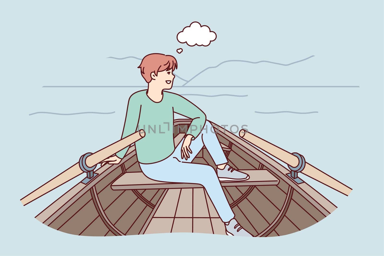 Happy man sit in boat in nature landscape thinking and imagining. Smiling guy relax in ship sailing in river dreaming and visualizing. Vector illustration.