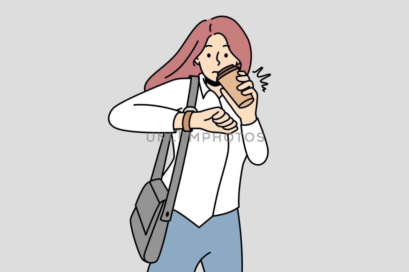 Young woman drink coffee from takeaway cup look at wristwatch worried to miss deadline. Girl student enjoy coffee check time on clock. Vector illustration.