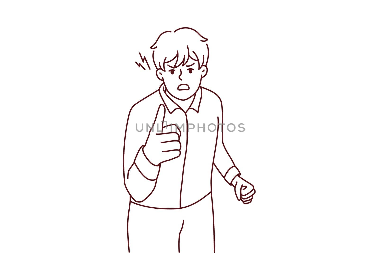 Angry man point at screen accuse or blame someone. Furious guy threaten to person feel outraged and distressed. Vector illustration.