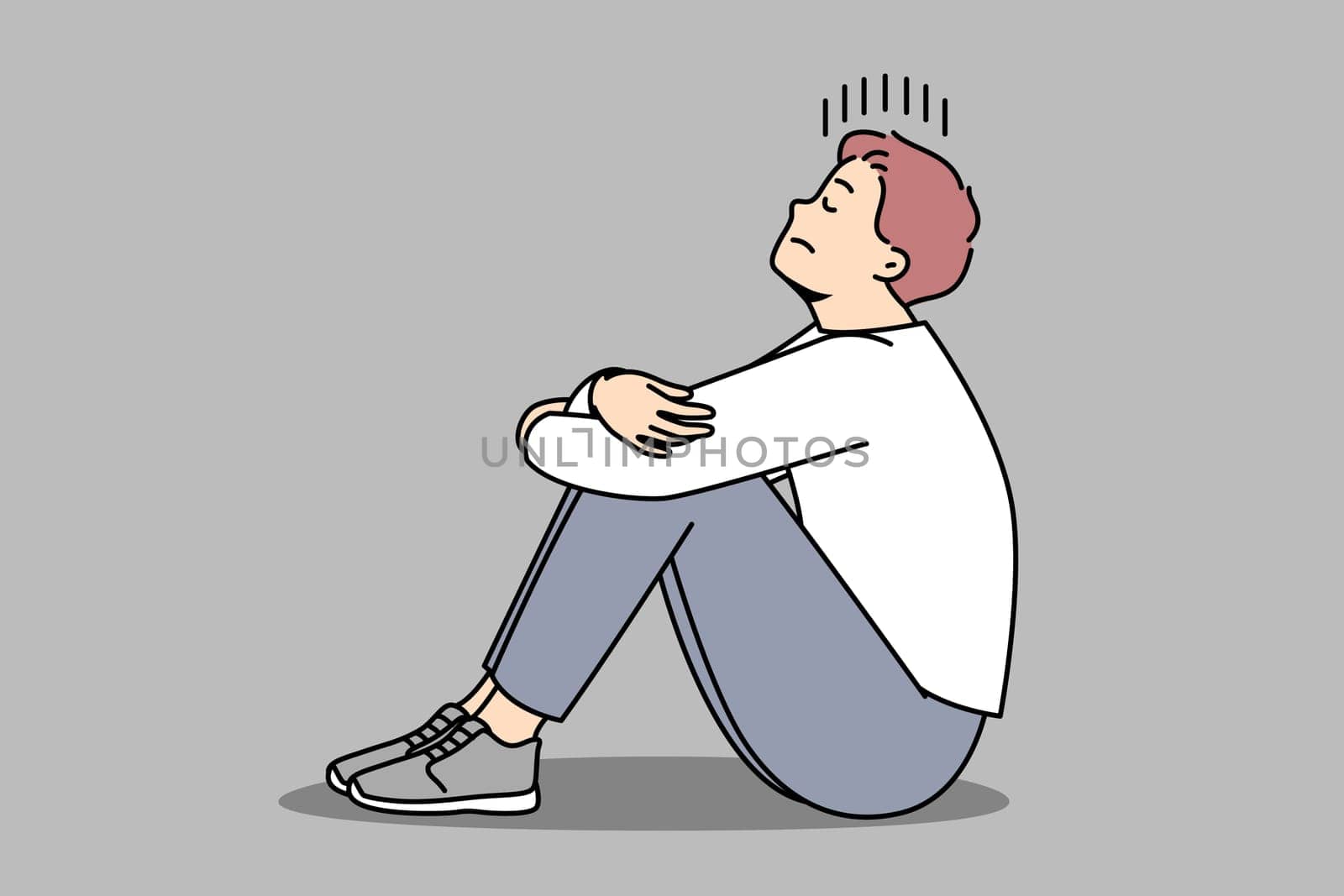 Unhappy young man sit on floor suffer from loneliness and repetitive thoughts. Stressed male struggle with depression or anxiety. Vector illustration.