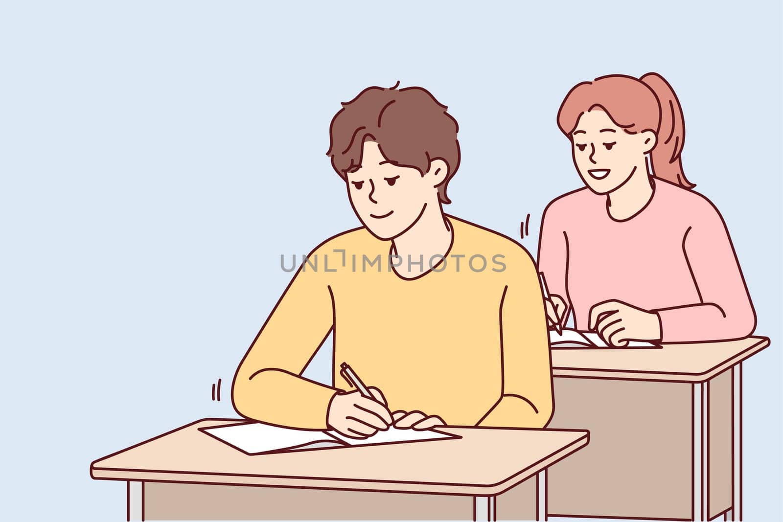 Smiling students sit at desk writing in notebooks on lesson in school. Happy pupils handwriting at class. Education and learning. Vector illustration.