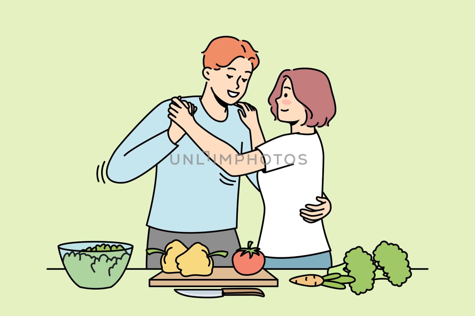 Happy couple cooking in kitchen dancing together. Smiling man and woman enjoy food preparation on weekend. Vector illustration.