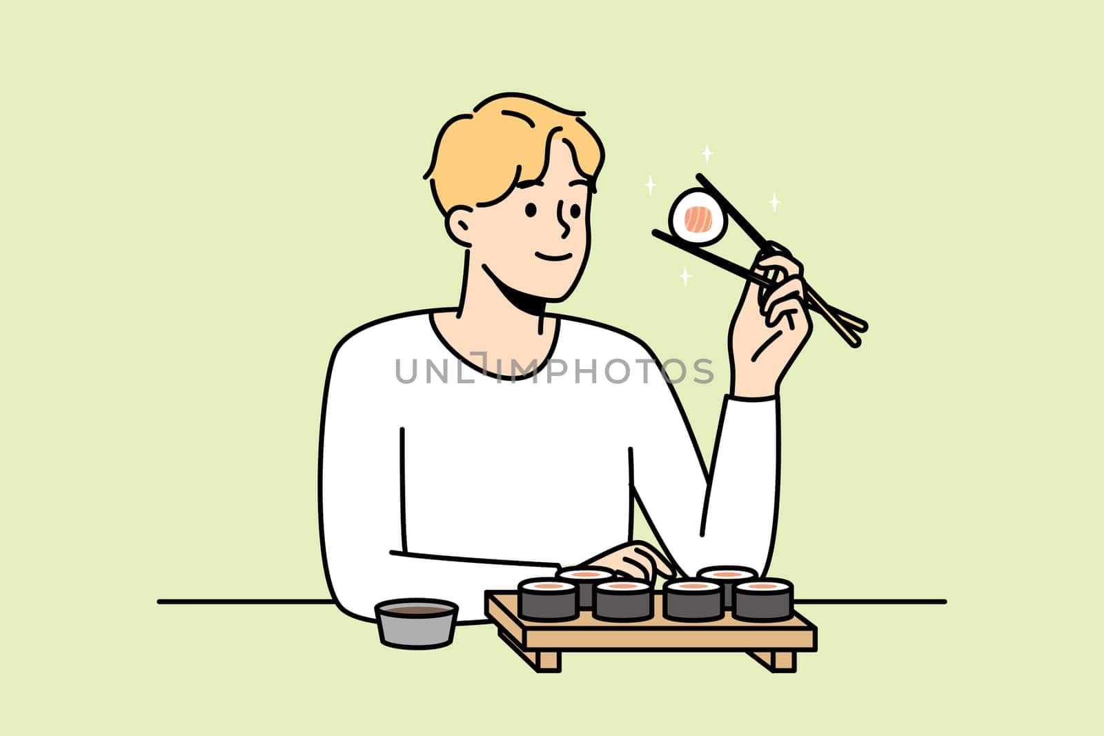 Smiling man sit at table in restaurant eating sushi with chopsticks. Happy guy enjoy traditional Asian food in cafe or bar. Vector illustration.