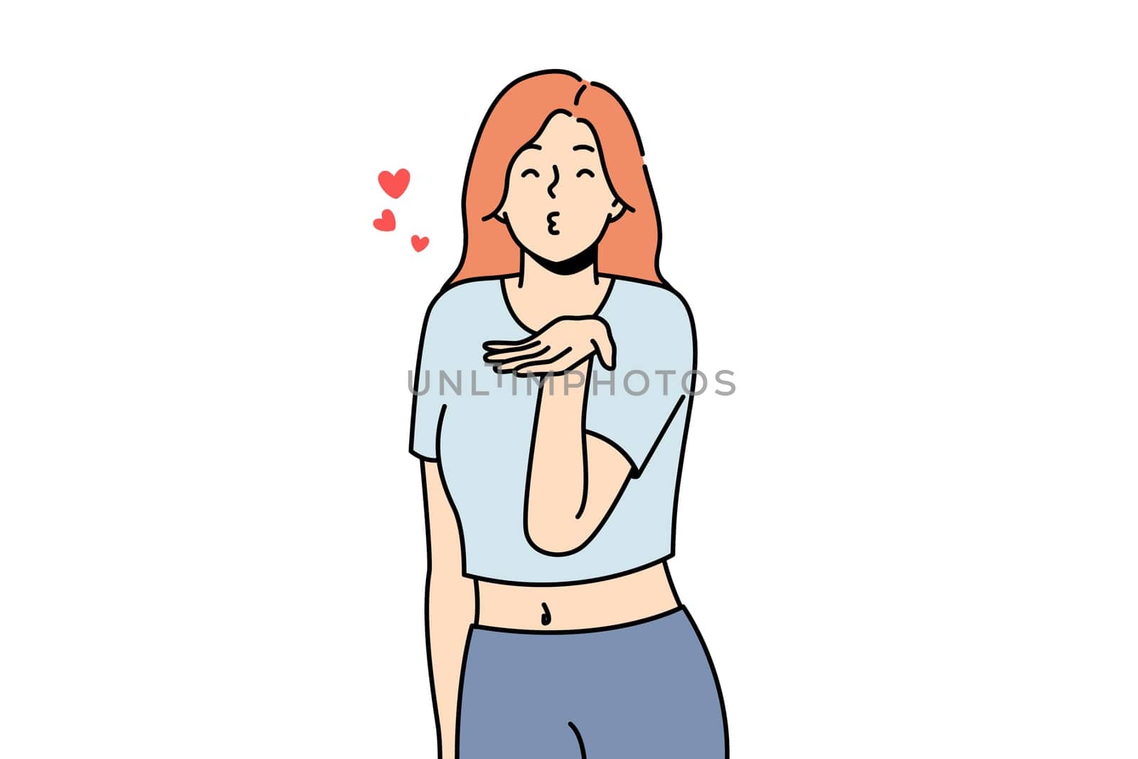 Happy young woman make hand gesture send air kisses. Smiling girl share love and affection. Romance and relationship. Vector illustration.