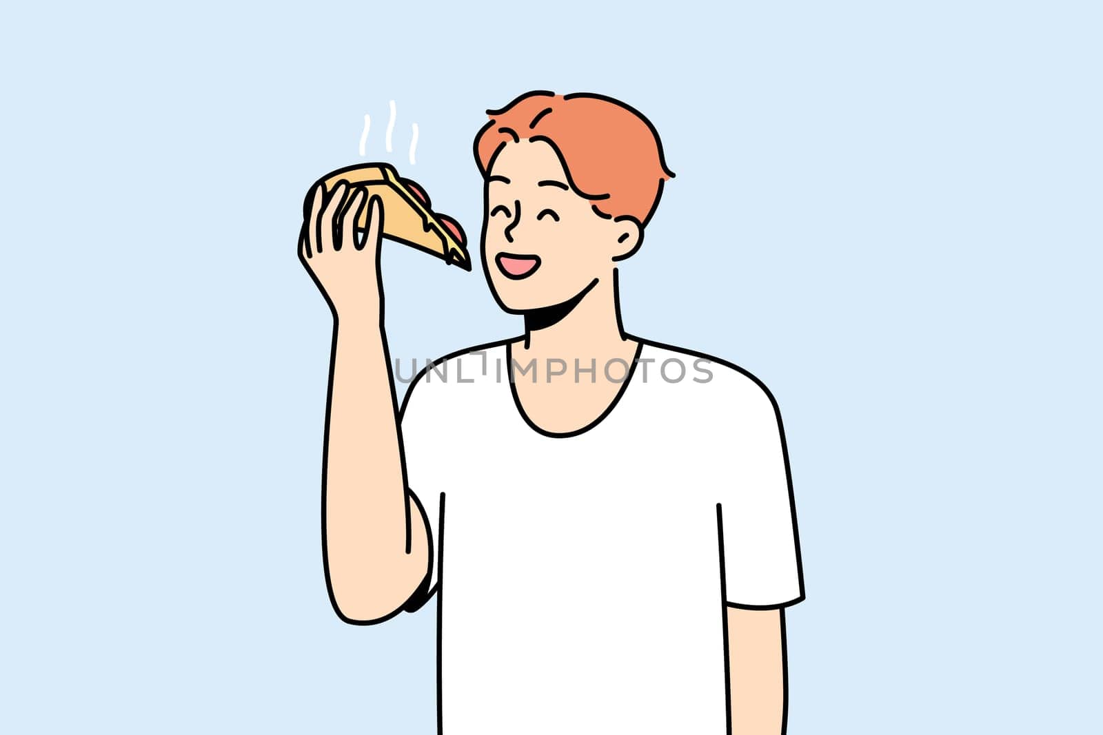 Smiling young man eating slice of pizza. Happy guy enjoy delicious Italian fast food. Cuisine concept. Vector illustration.