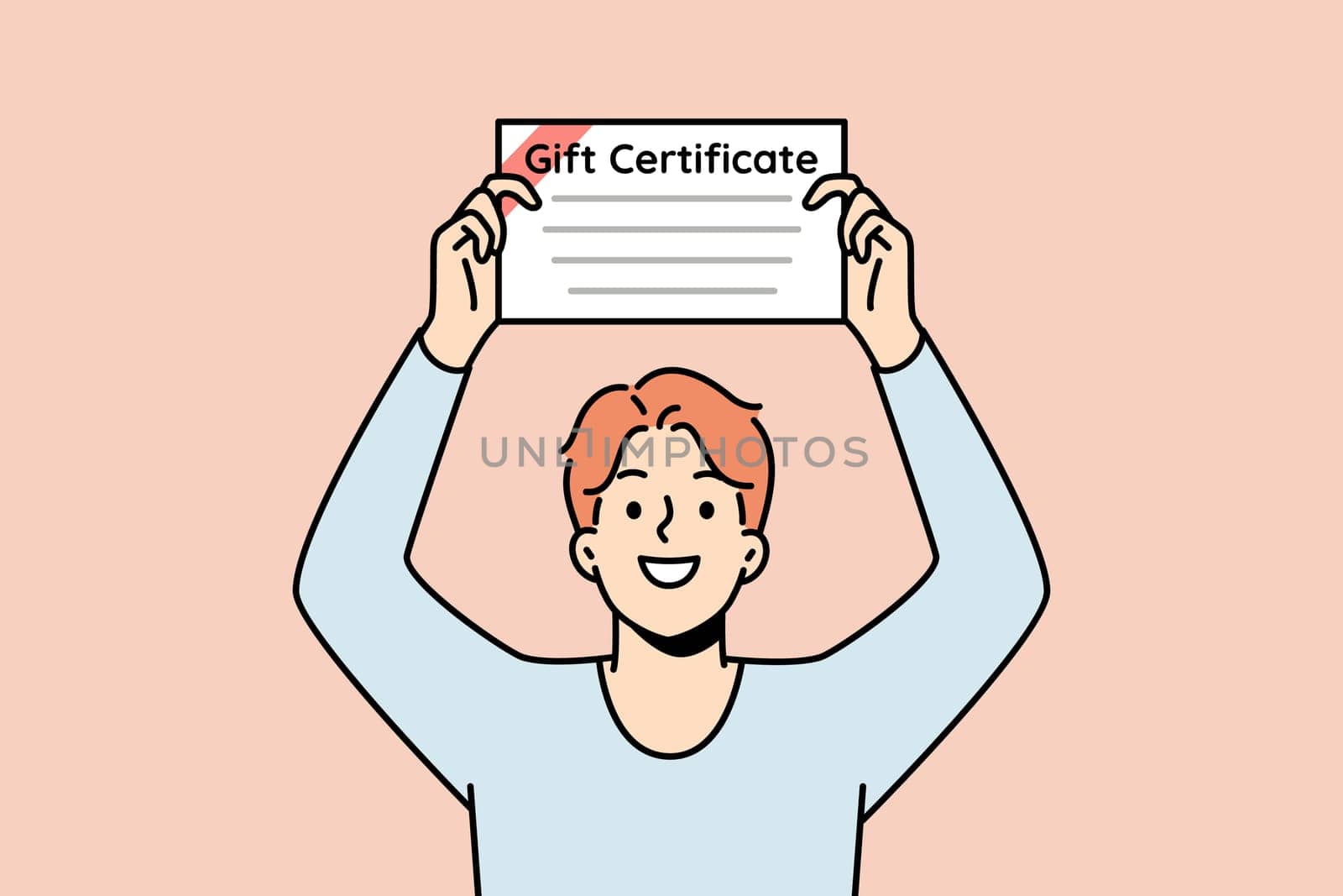 Smiling young man holding gift certificate in hands. Happy guy with paperwork document for present. Vector illustration.