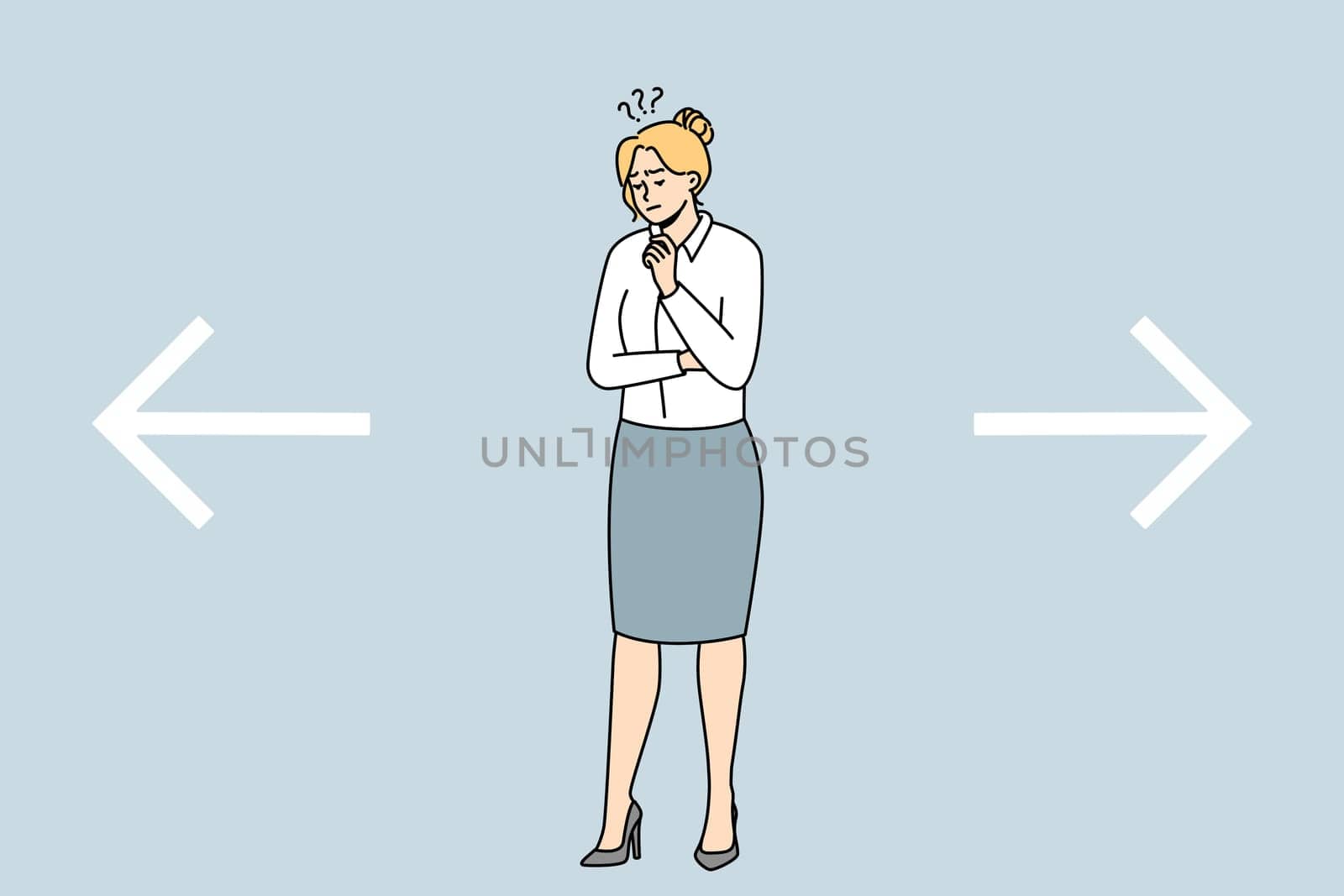 Confused businesswoman near huge arrows facing different directions make choice or decision. Frustrated woman employee think consider idea. Vector illustration.