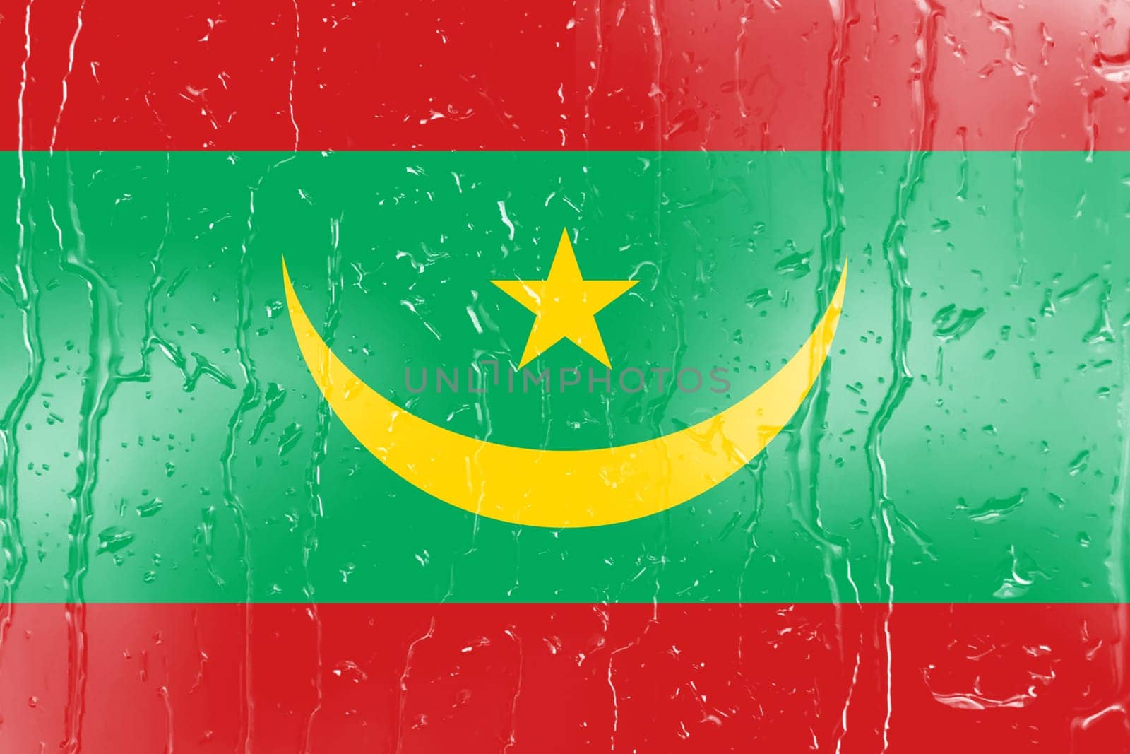 3D Flag of Mauritania on a glass with water drop background.