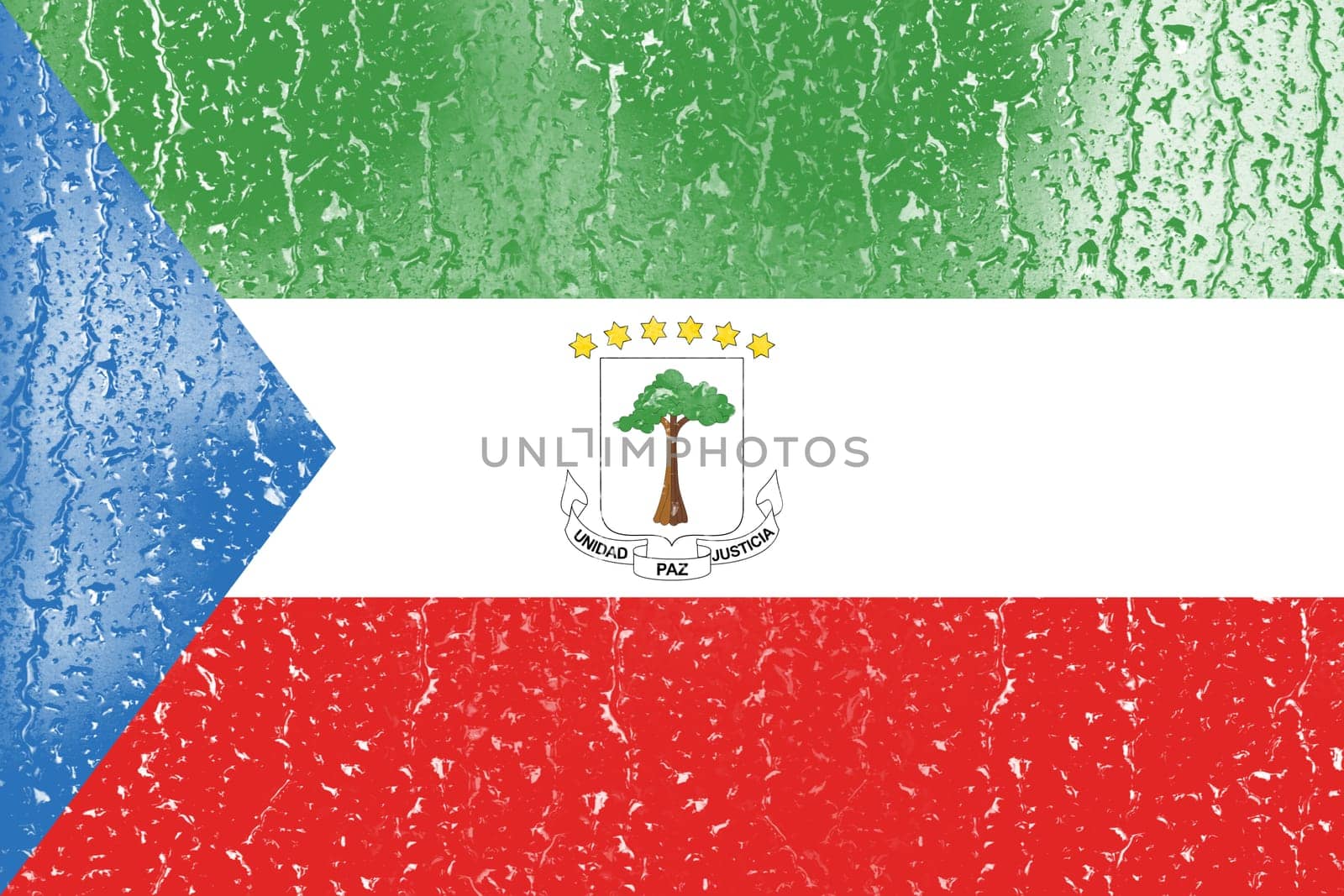 3D Flag of Equatorial Guinea on a glass with water drop background.