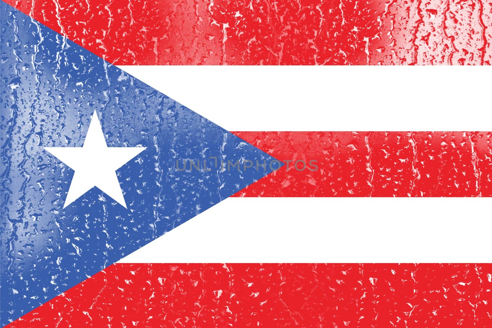 3D Flag of Puerto Rico on a glass with water drop background.