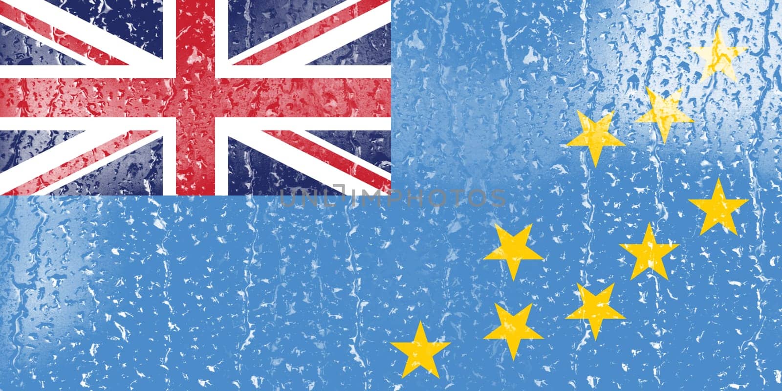 3D Flag of Tuvalu on a glass with water drop background.