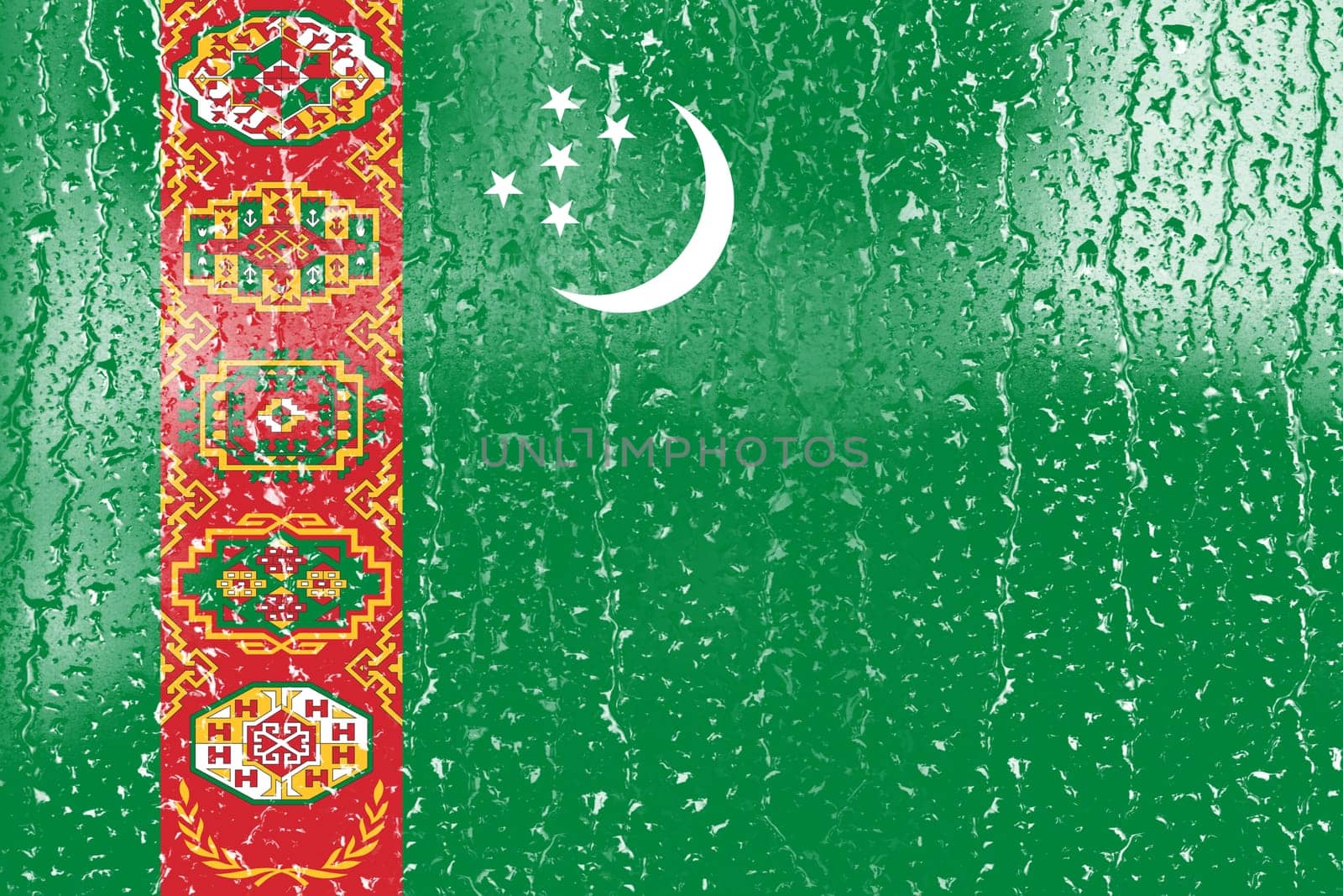 3D Flag of Turkmenistan on a glass with water drop background.