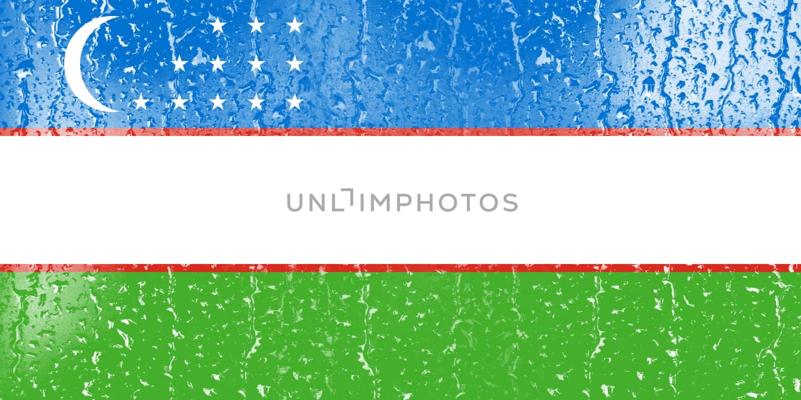 3D Flag of Uzbekistan on a glass with water drop background.