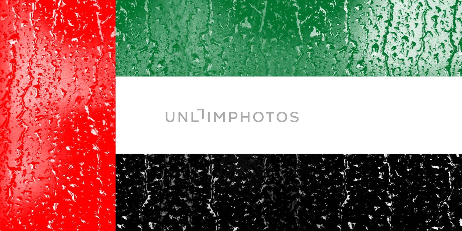 3D Flag of United Arab Emirates on a glass with water drop background.