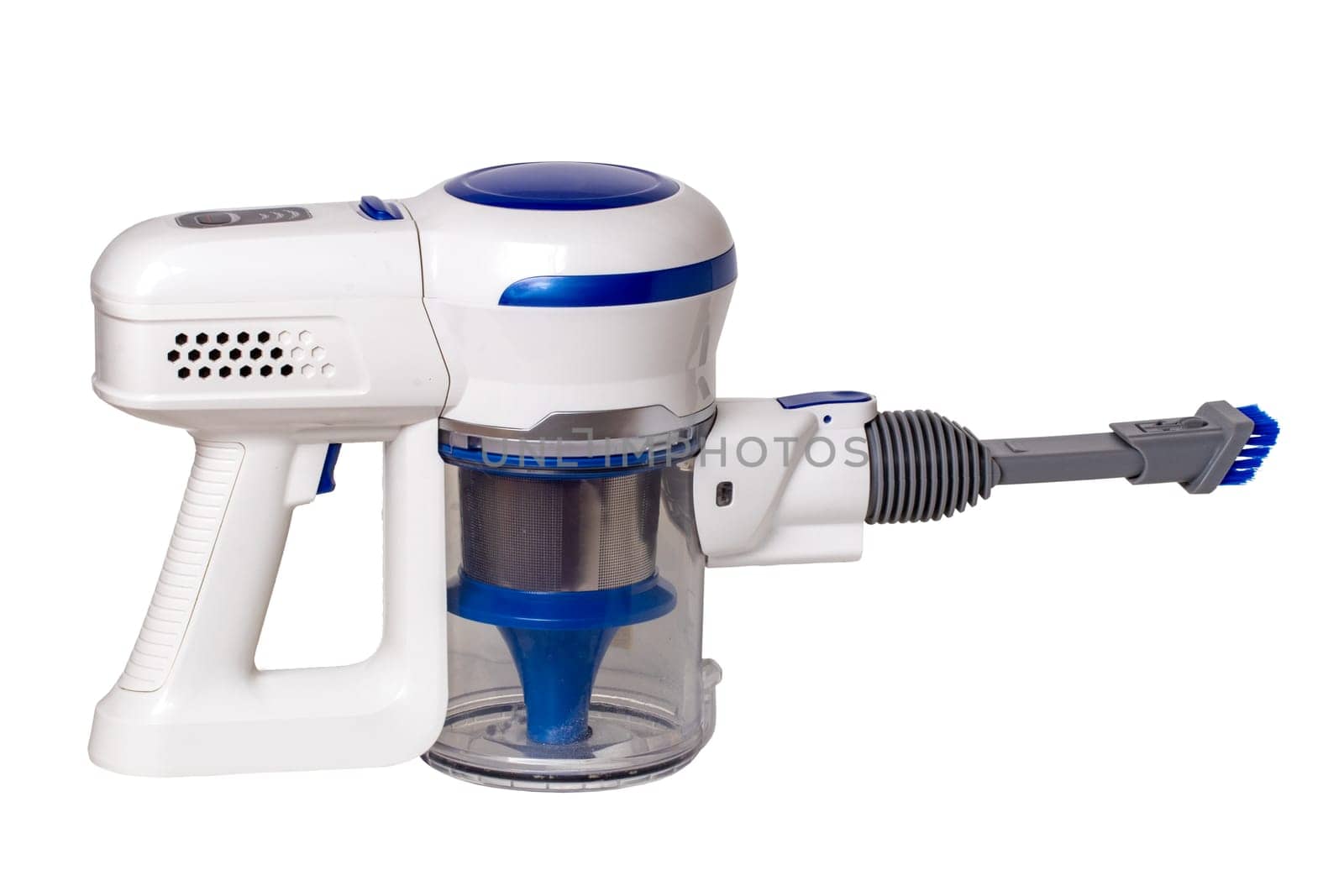 Vacuum cleaner isolated. Closeup of a modern cordless battery-powered vacuumbackground, technology,  cleaner isolated on a white background. Clipping path. House activity.