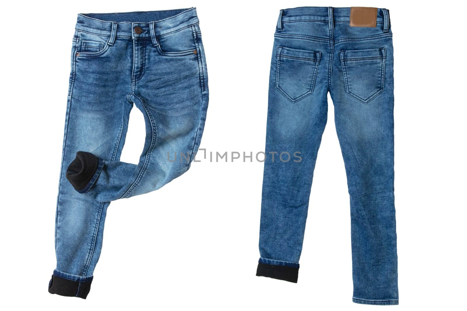 Jeans isolated. Trendy stylish blue denim pants or trousers for child boy isolated on a white background. Jeans winter and autumn fashion. Front and back view.