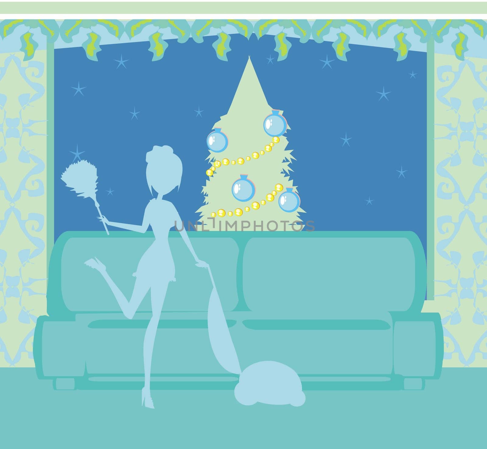 beautiful housewife cleans the living room before Christmas