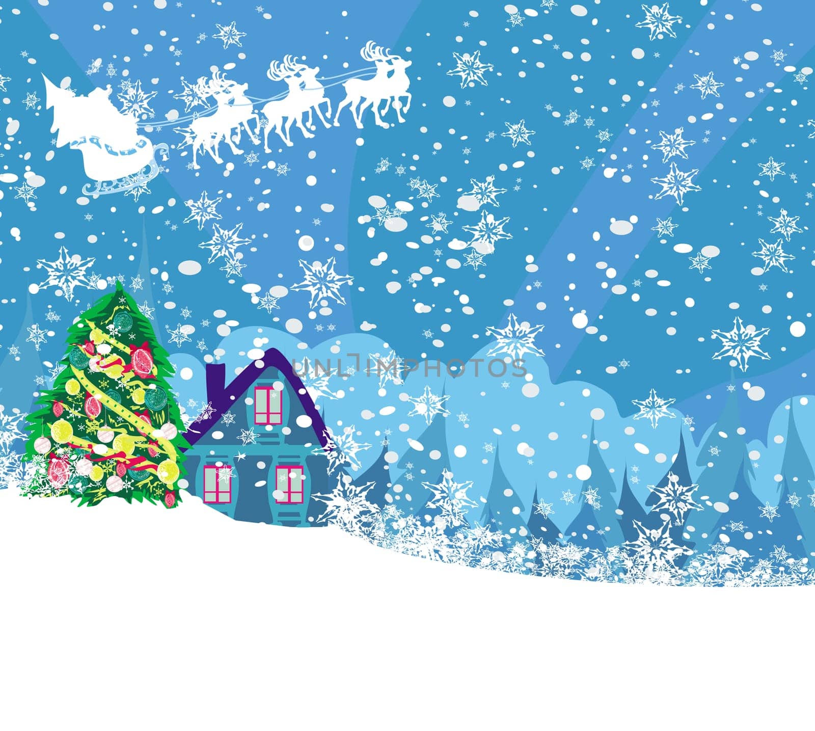 The santa claus flying with the sack full of presents