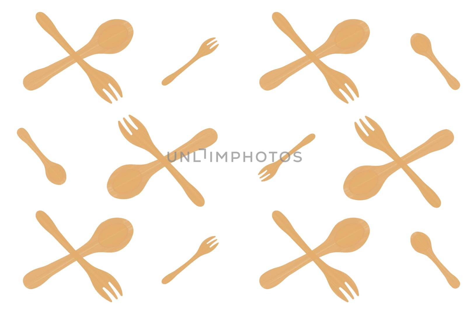 Pattern of wooden bamboo spoons and forks on a white background. The concept of ecology, environmental protection, waste recycling. Vector image