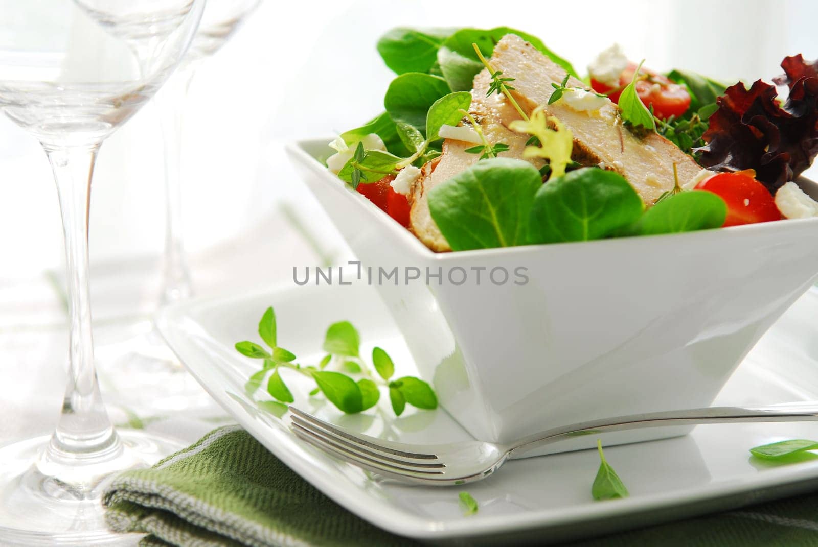 Fresh green salad with grilled chicken herbs and tomatoes, close up