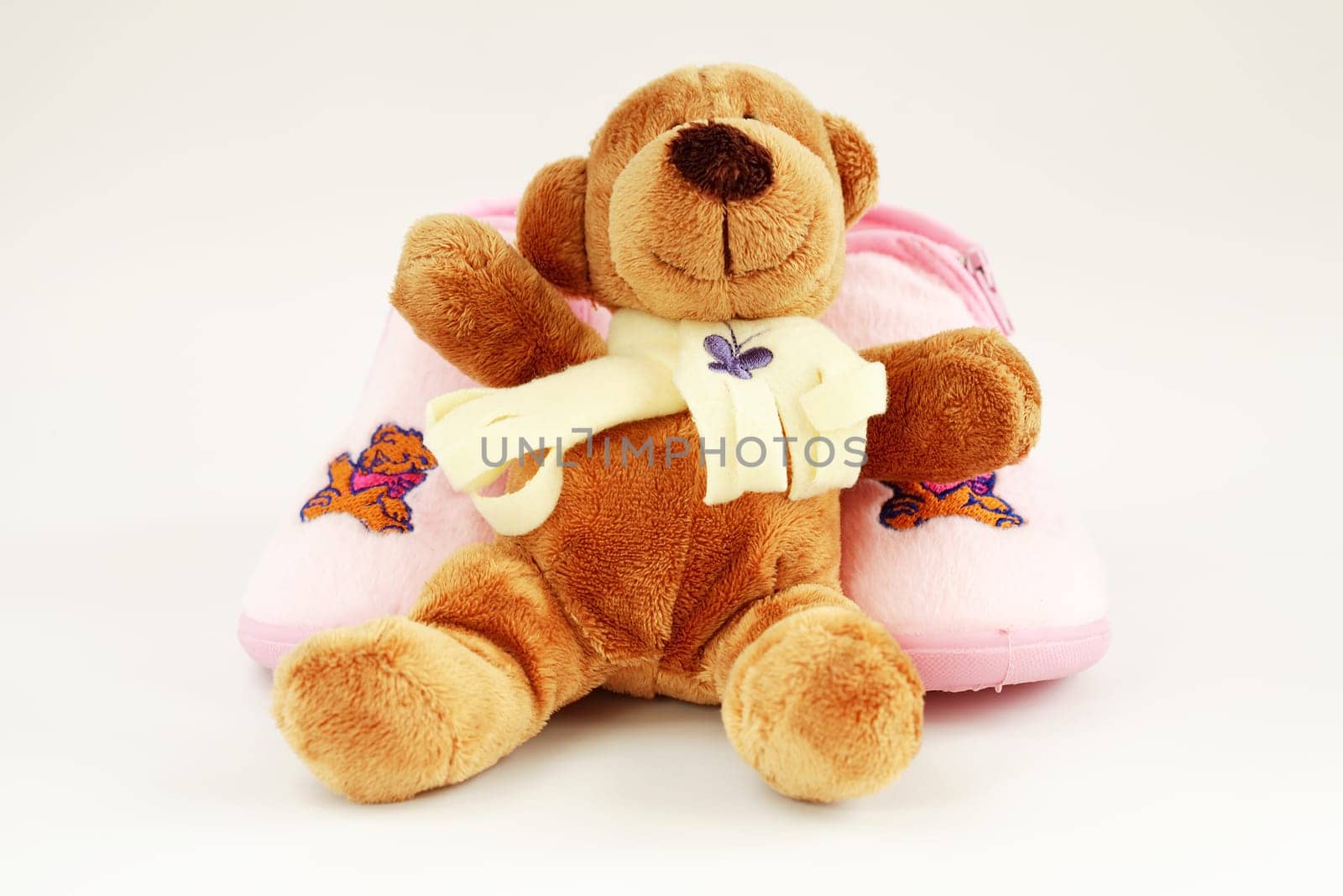 Teddy and baby shoes on bright background