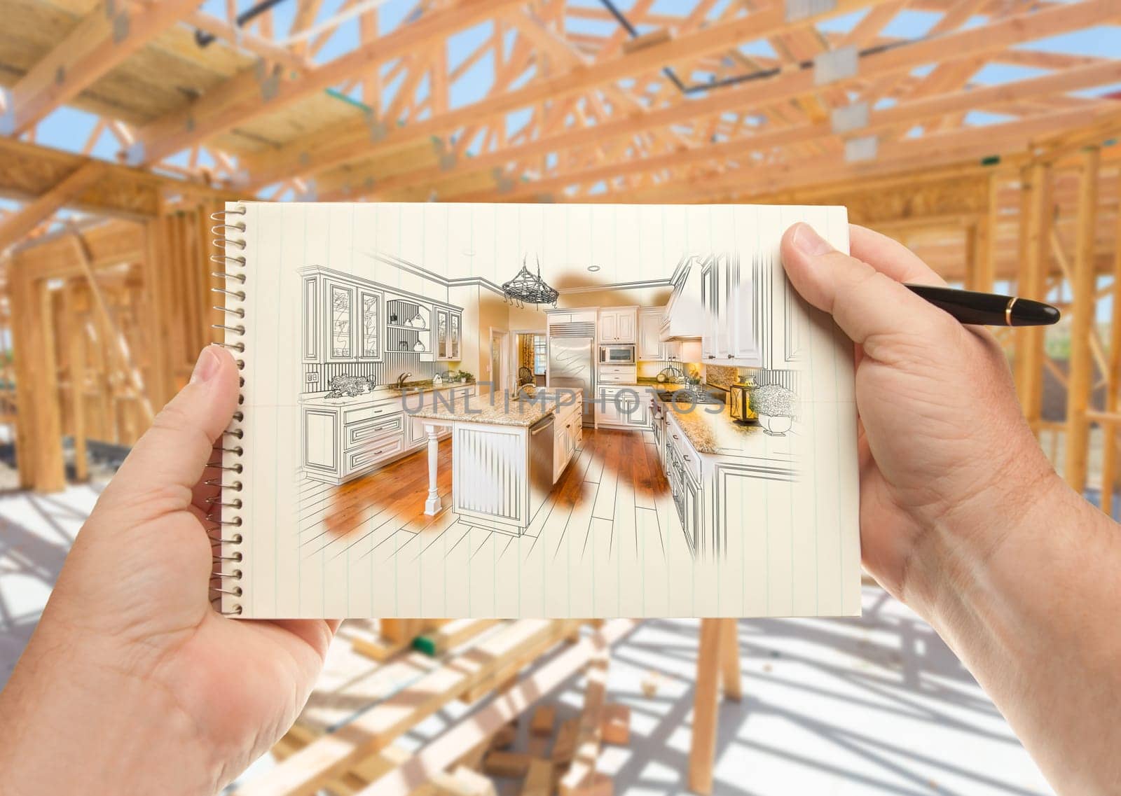 Male Hands Holding Pen and Pad of Paper with Custom Kitchen Illustration Inside Construction Framing.