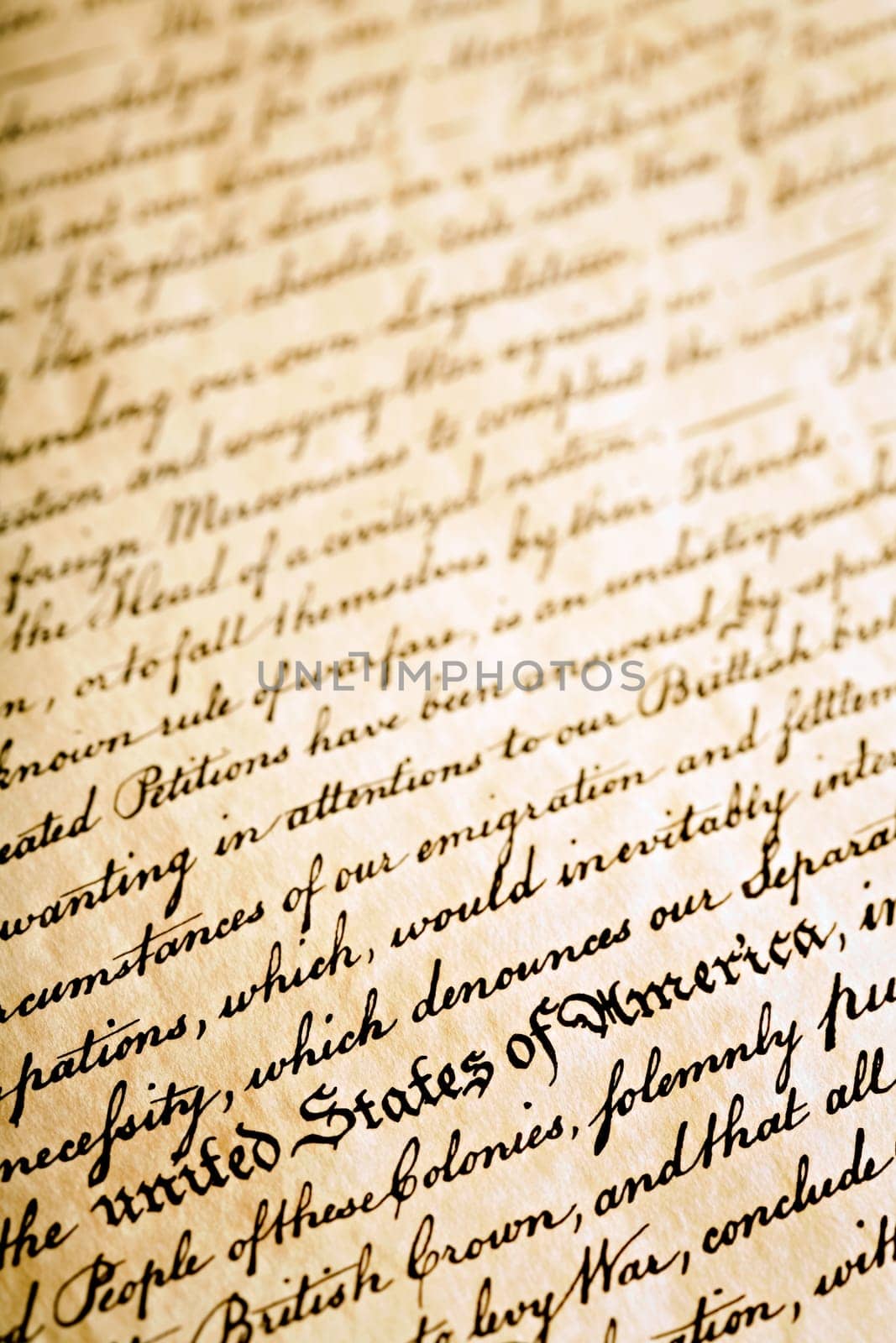 declaration of Independence, background with United States of America in foreground, angled macro with limited depth of field