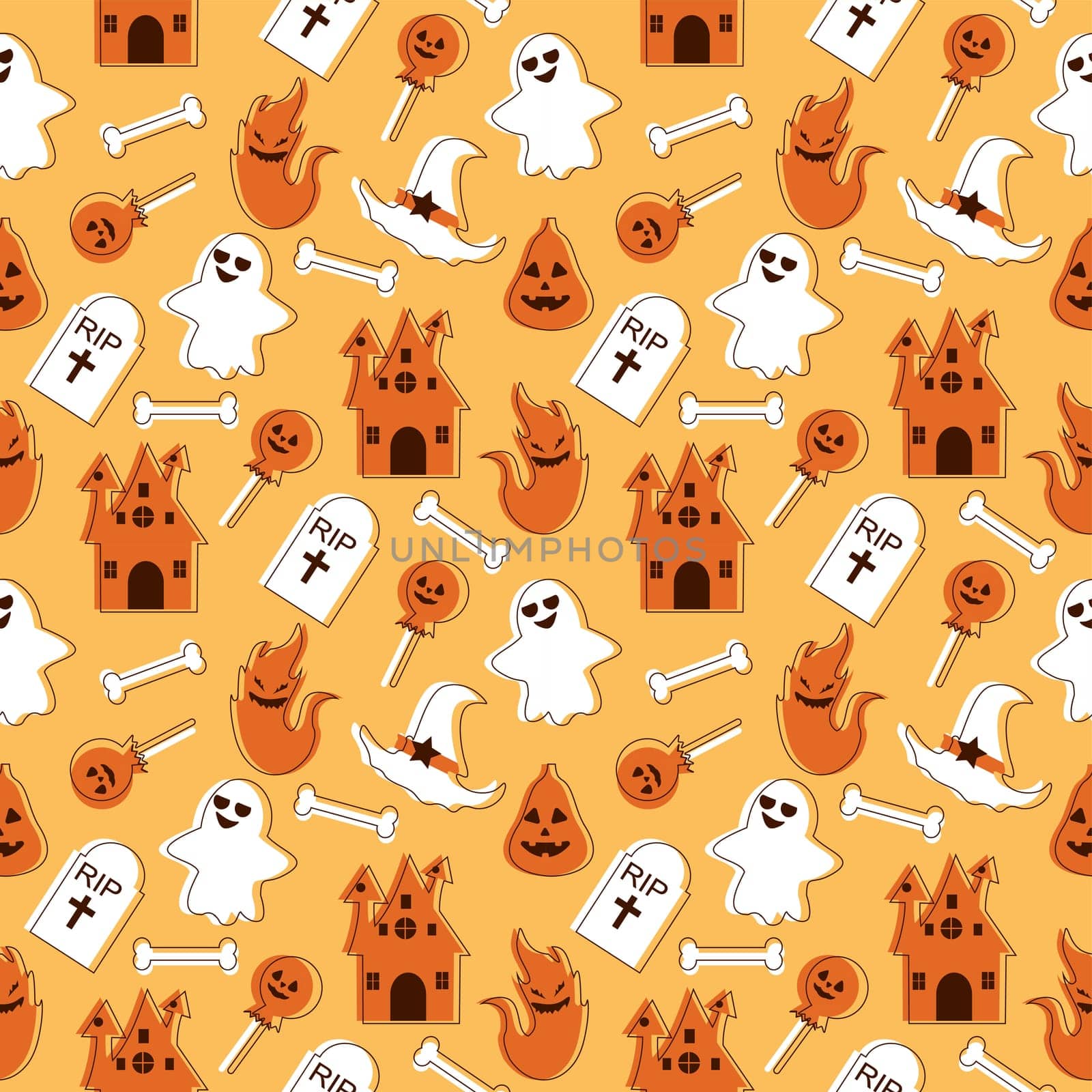 Halloween Seamless Pattern Design With Witch, Haunted House, Pumpkins or Bats in Template Hand Drawn Cartoon Flat Illustration
